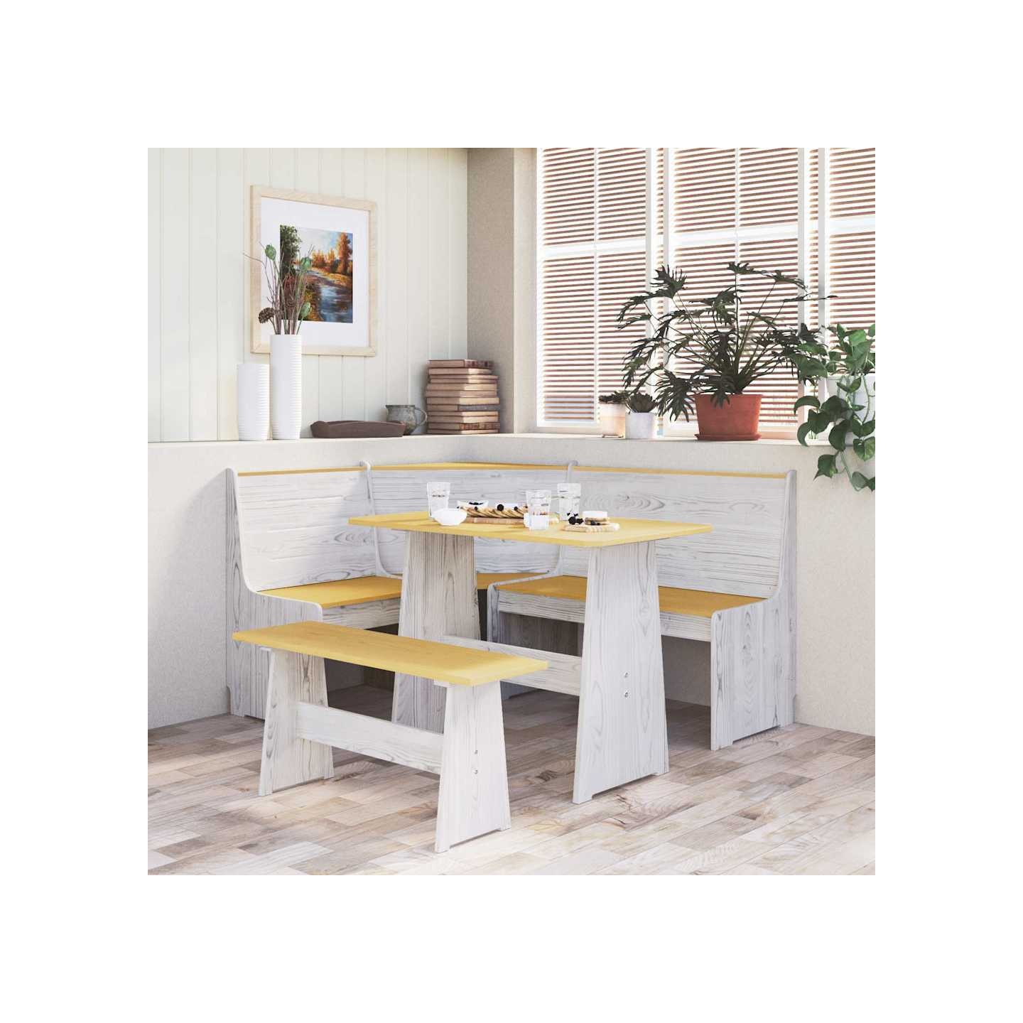 Banc d'angle REINE 151 cm marron miel et blanc bois pin solide
