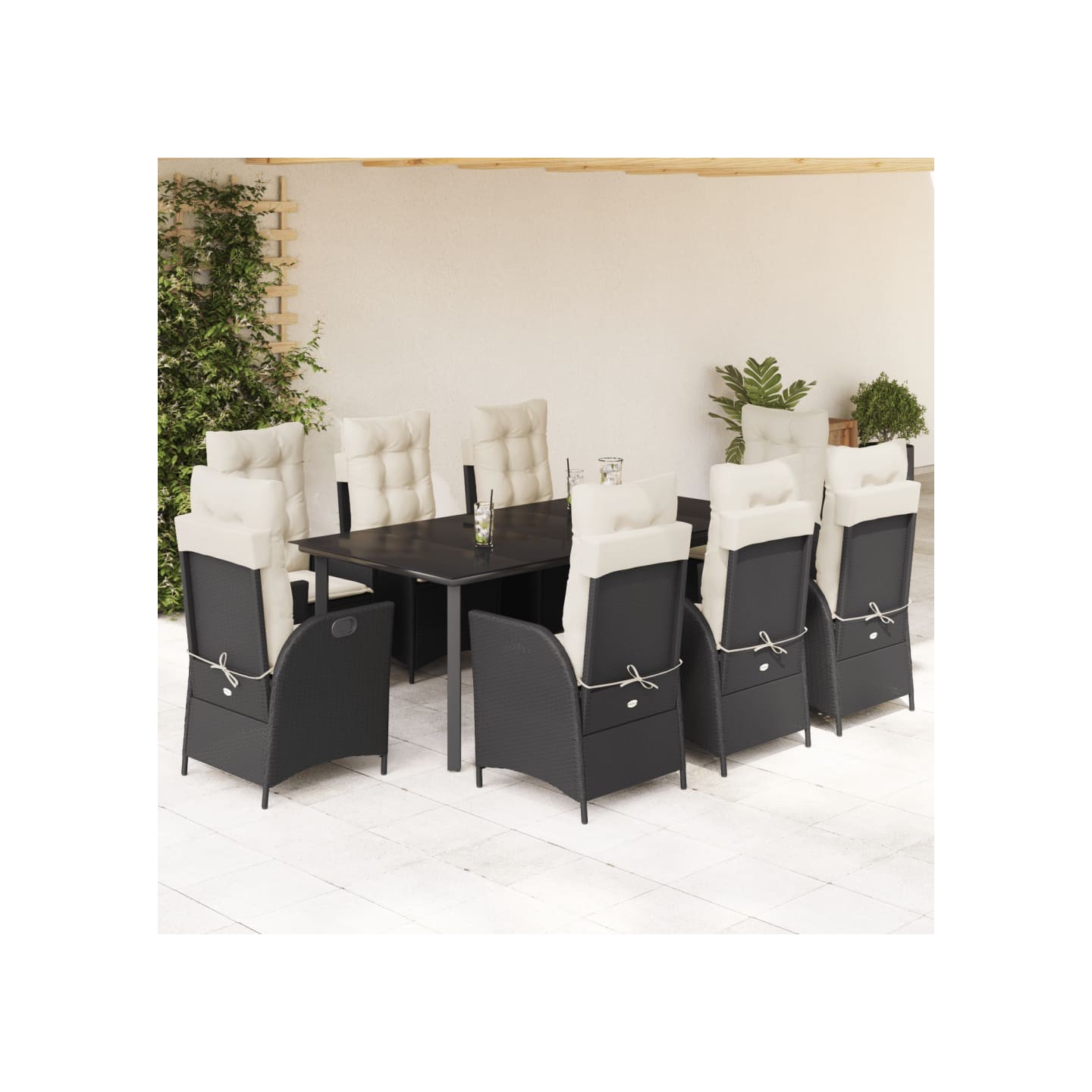 Ensemble à manger de jardin 9pcs coussins noir résine tressée