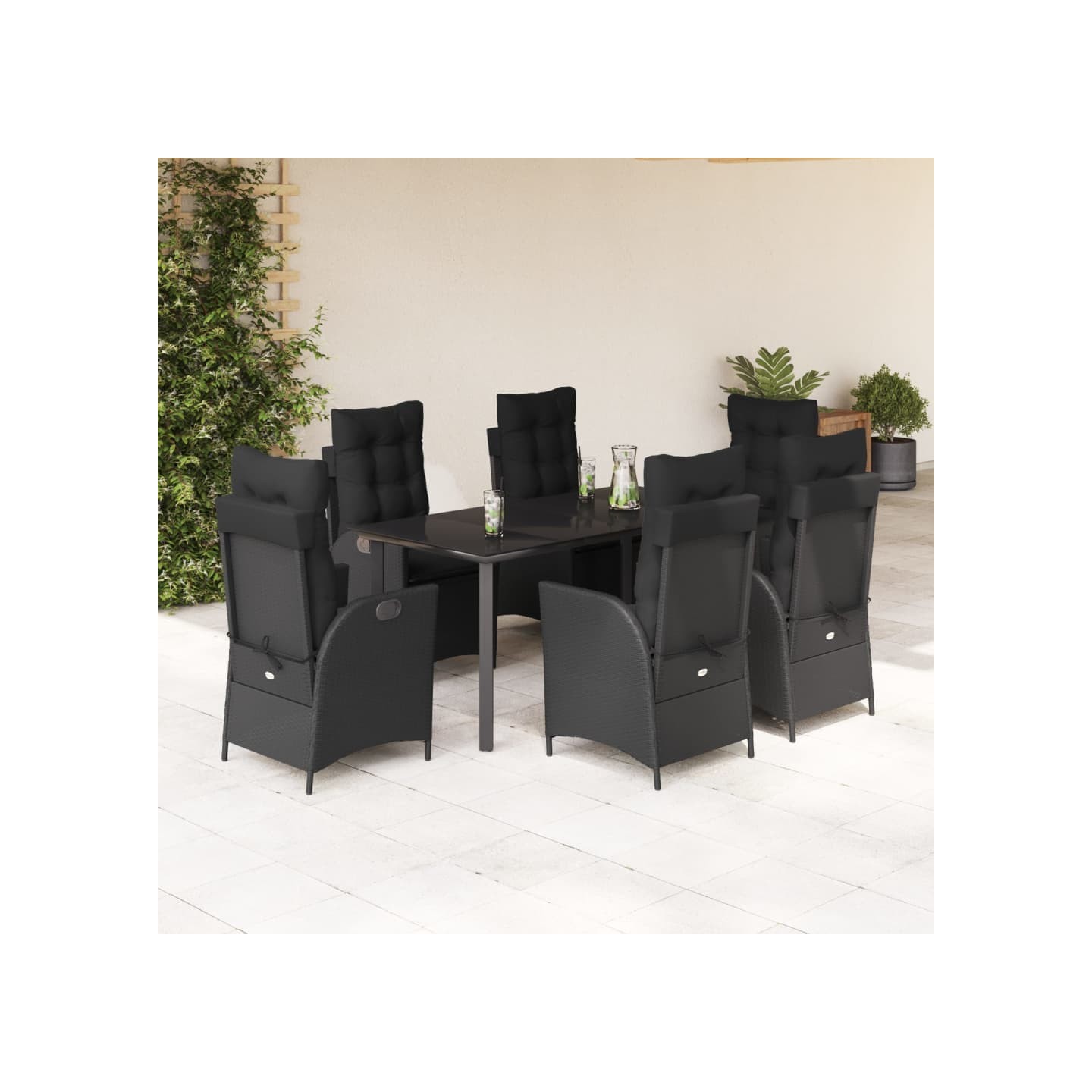 Ensemble à manger de jardin coussins 7pcs Noir Résine tressée