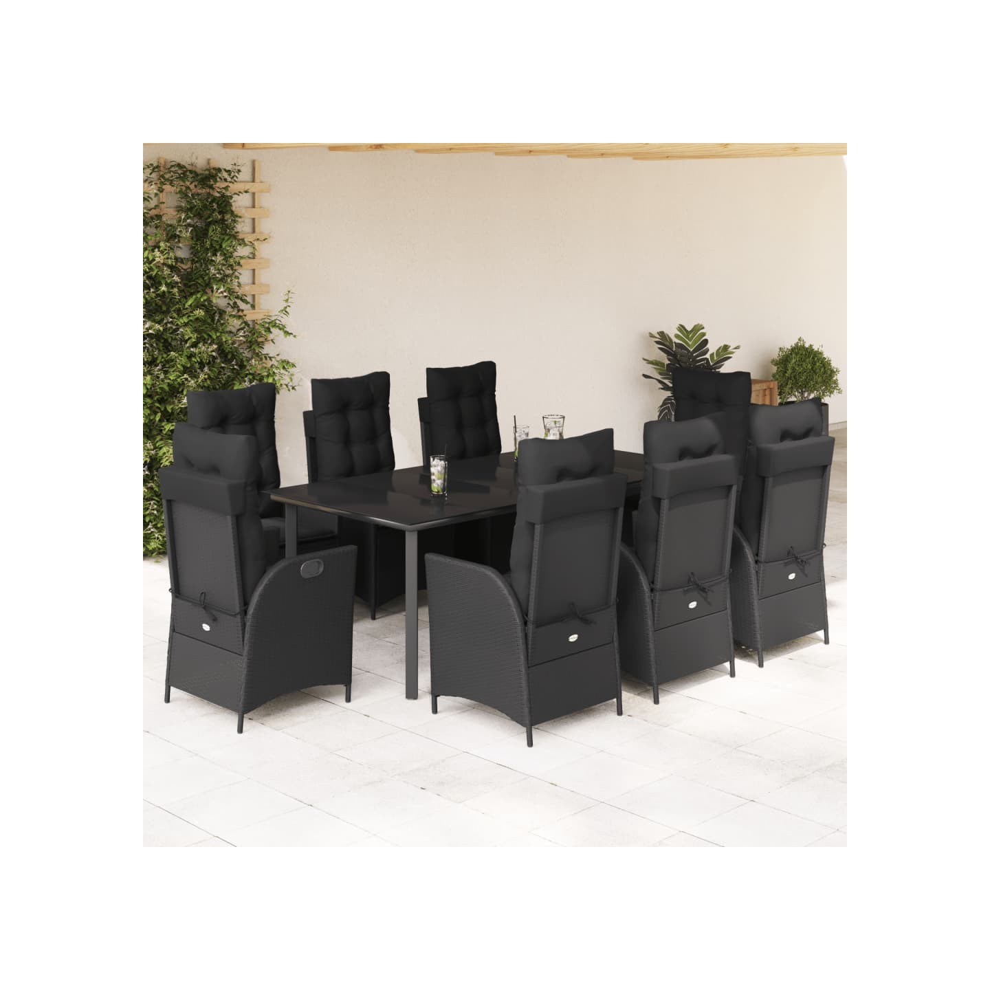 Ensemble à manger de jardin 9pcs coussins noir résine tressée