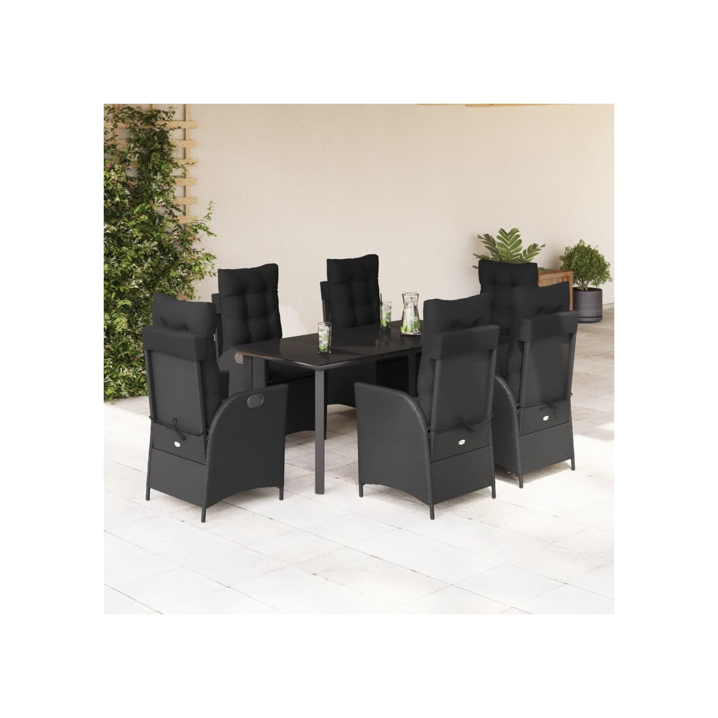 Ensemble à manger de jardin coussins 7pcs Noir Résine tressée