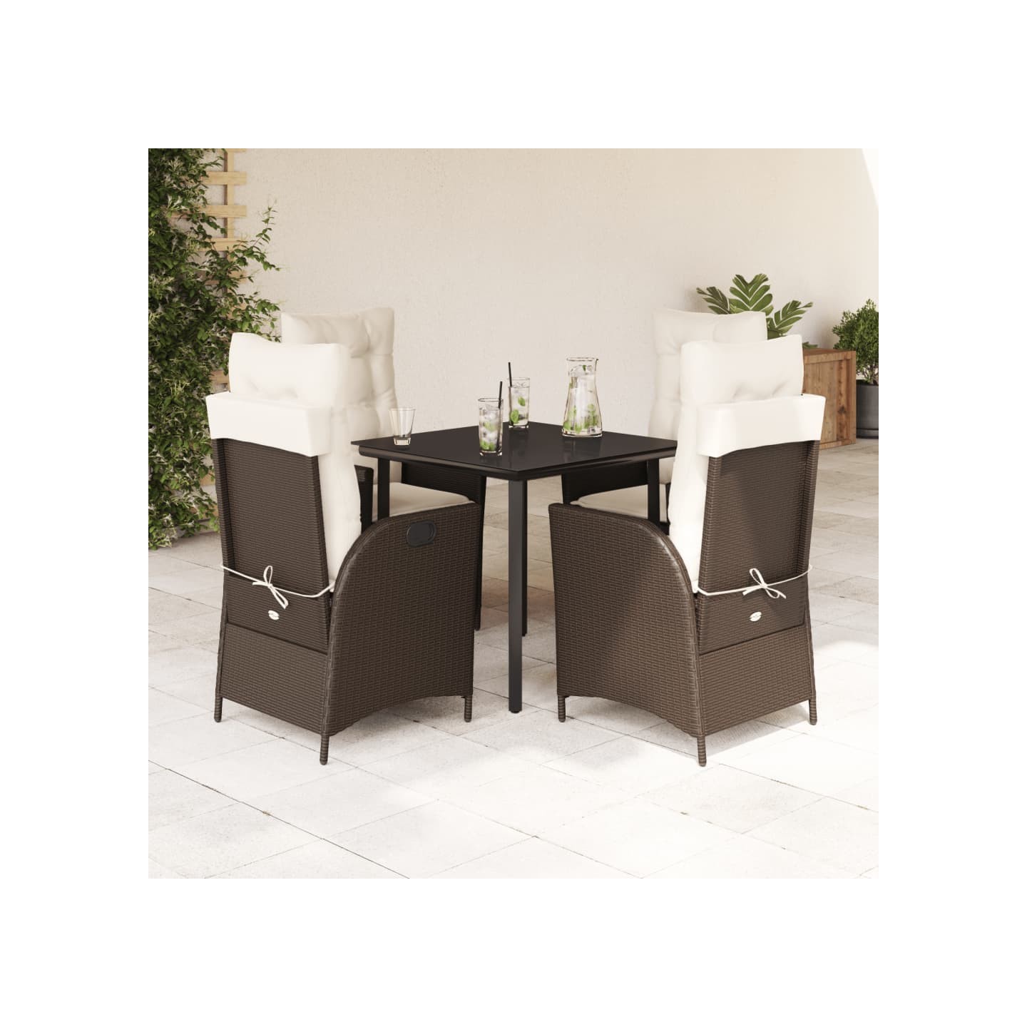 Ensemble à manger de jardin 5 pcs et coussins marron poly rotin