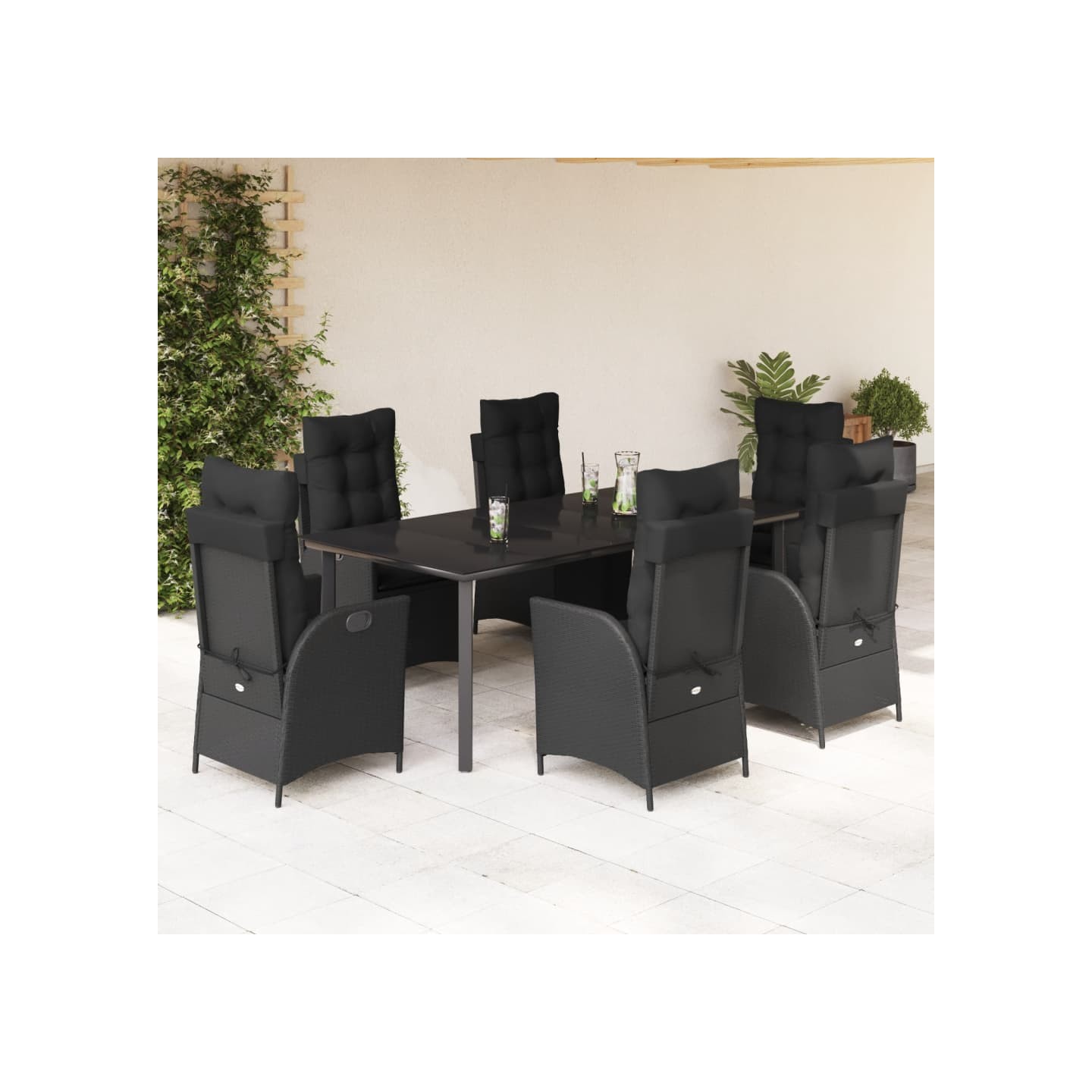 Ensemble à manger de jardin coussins 7pcs Noir Résine tressée