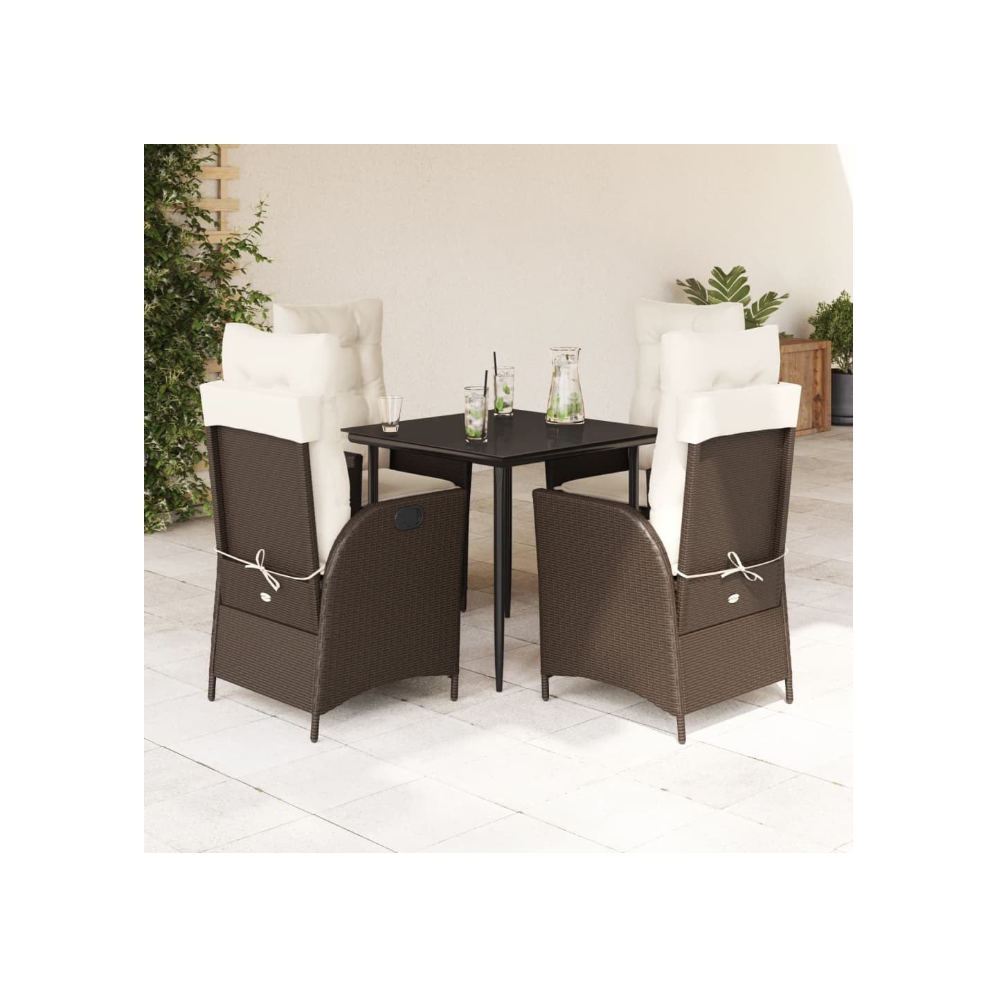Ensemble à manger de jardin 5 pcs et coussins marron poly rotin