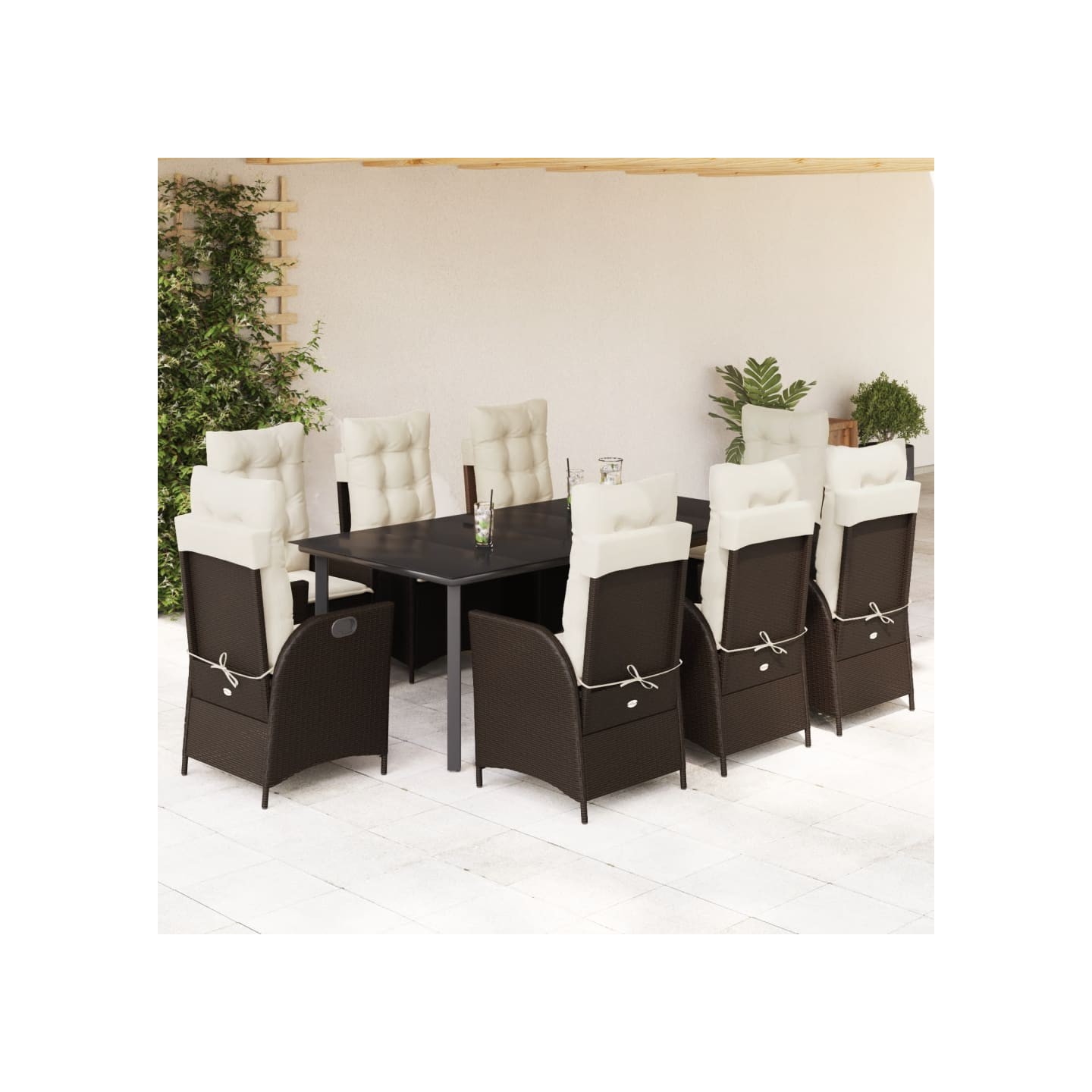 Ensemble à manger de jardin et coussins 9 pcs marron poly rotin
