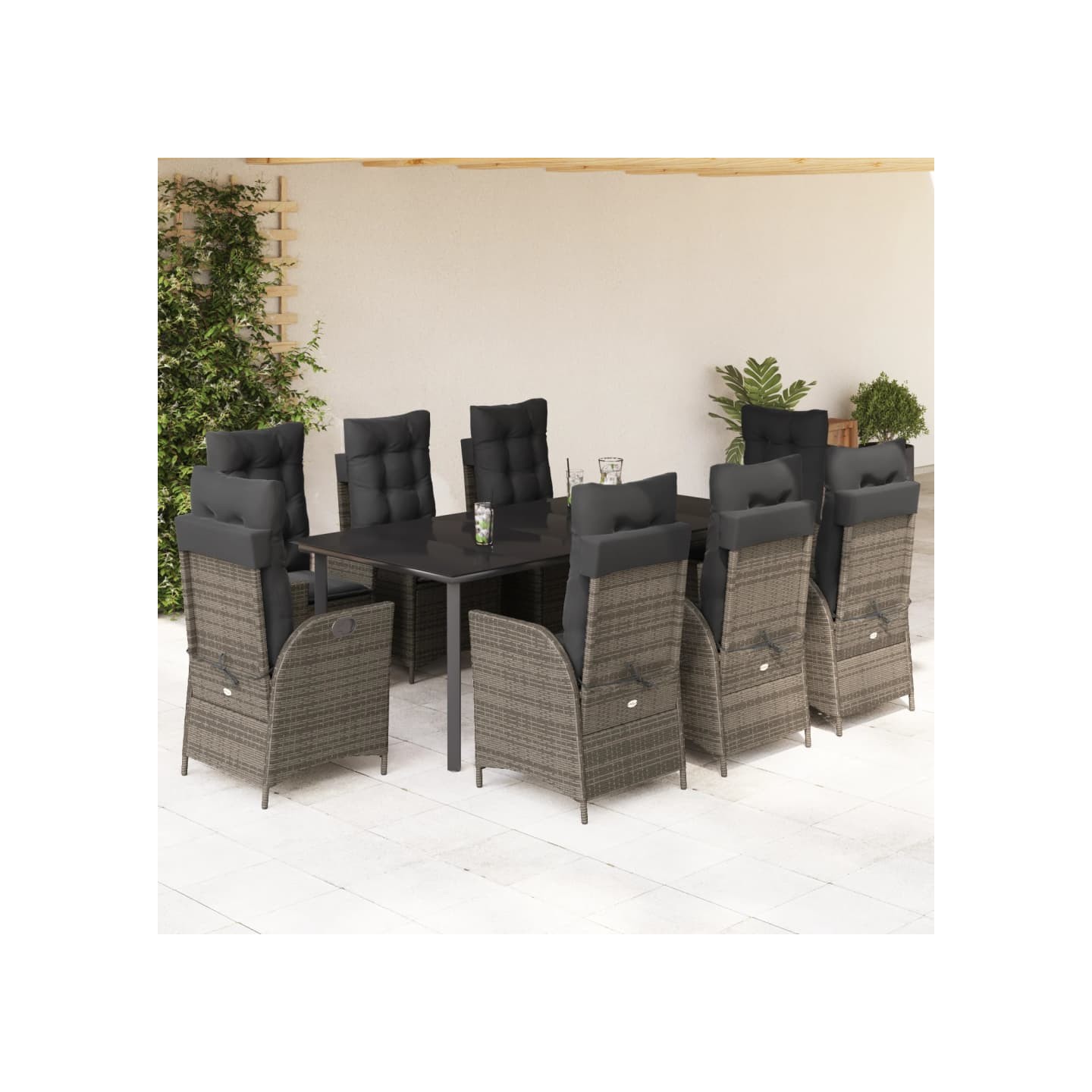 Ensemble à manger de jardin 9 pcs coussins gris résine tressée