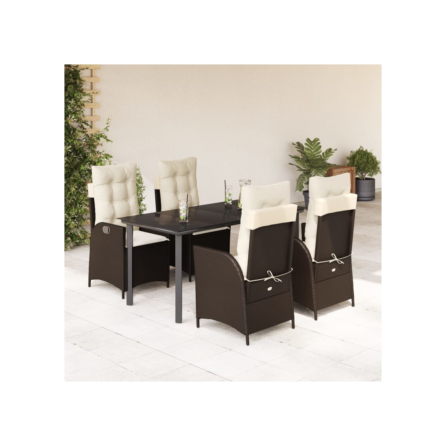 Ensemble à manger de jardin 5 pcs et coussins marron poly rotin