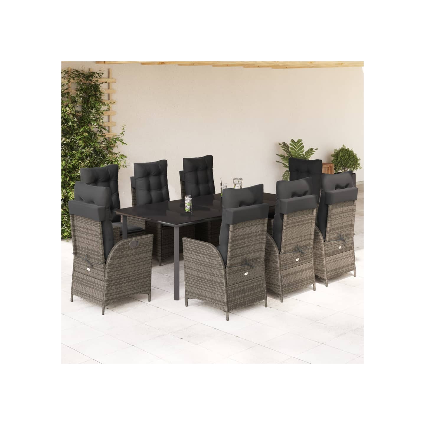 Ensemble à manger de jardin 9 pcs coussins gris résine tressée
