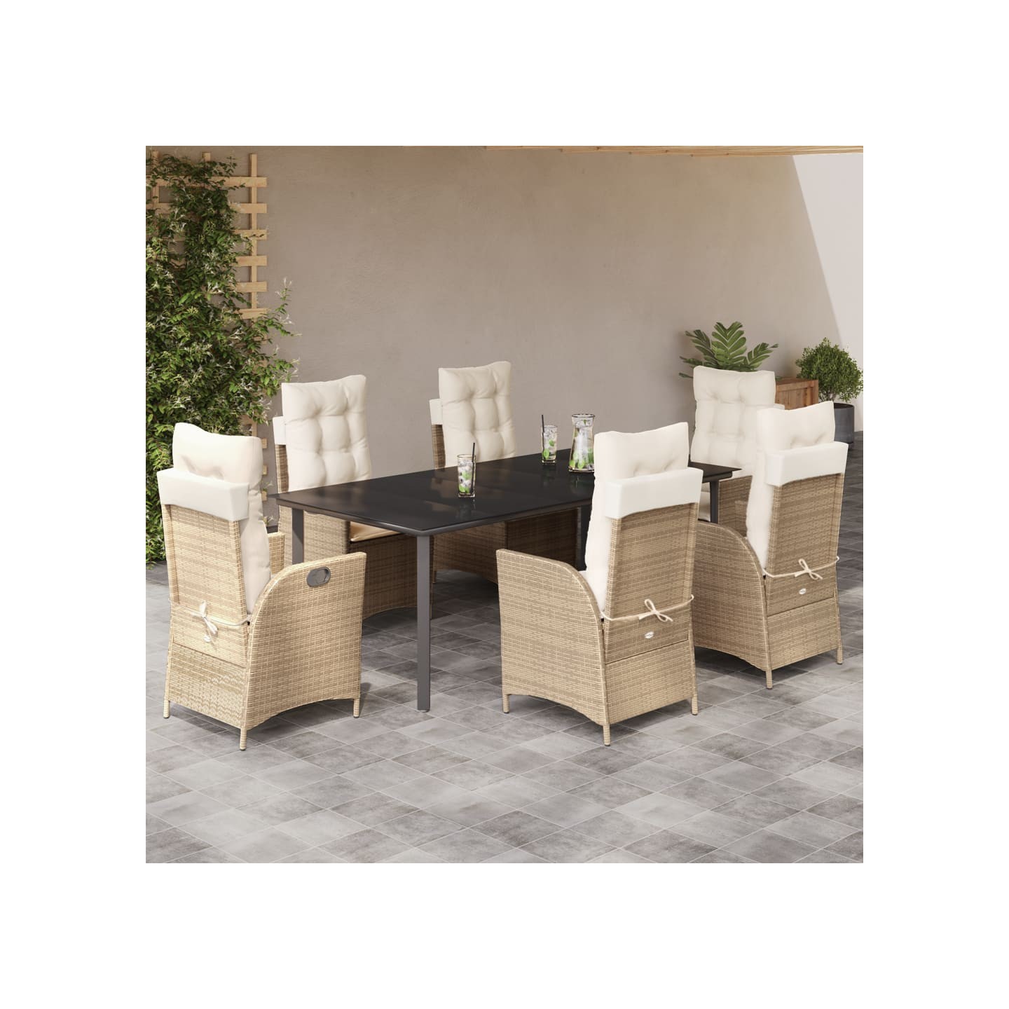 Ensemble à manger de jardin et coussins 7 pcs beige poly rotin