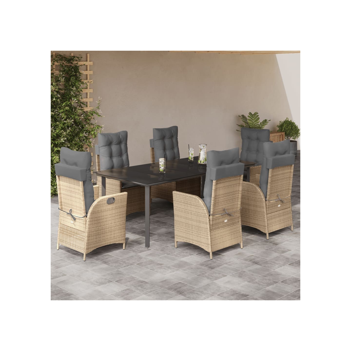 Ensemble à manger de jardin et coussins 7 pcs beige poly rotin