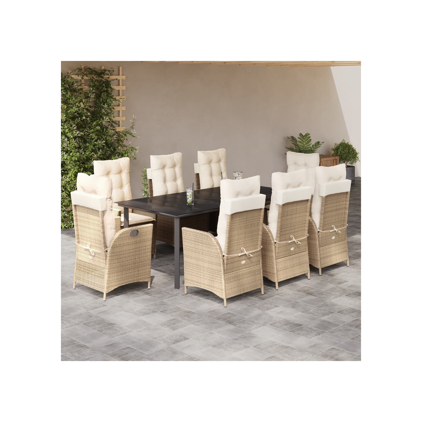 Ensemble à manger de jardin et coussins 9 pcs beige Poly rotin