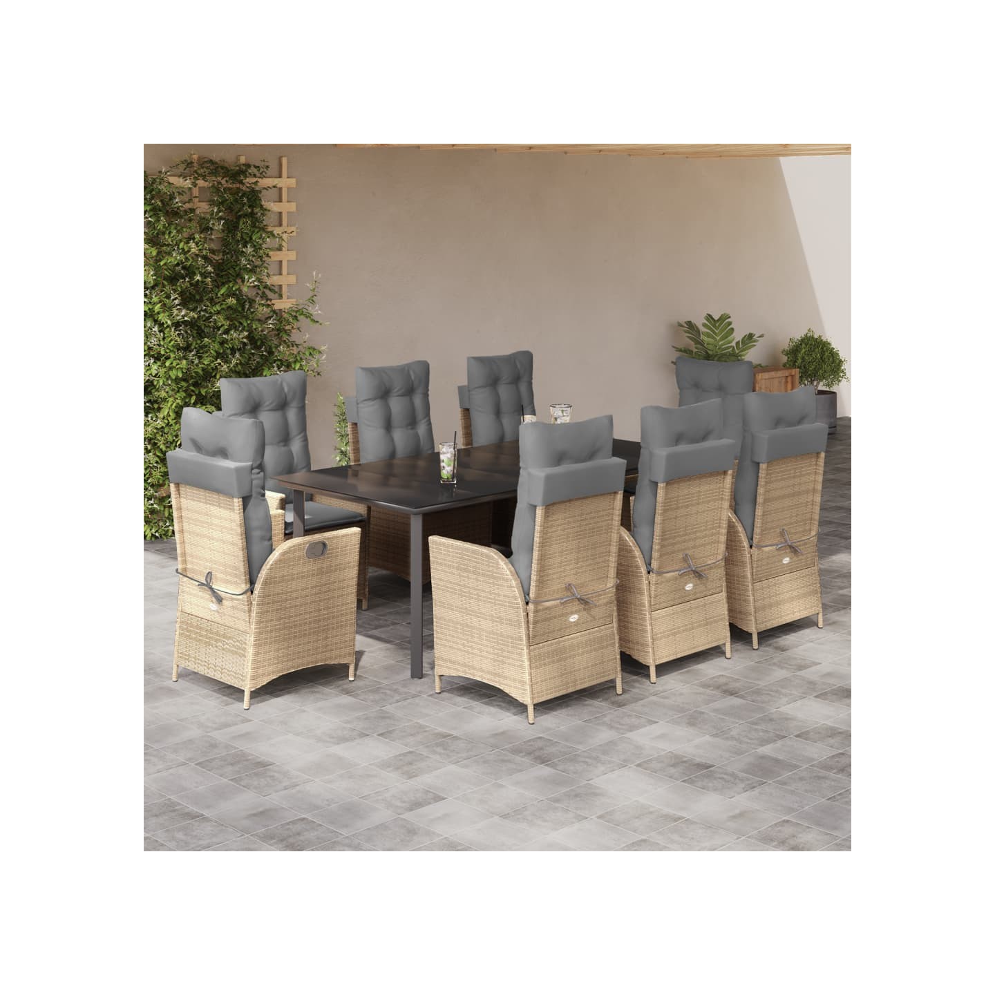 Ensemble à manger de jardin et coussins 9 pcs beige Poly rotin