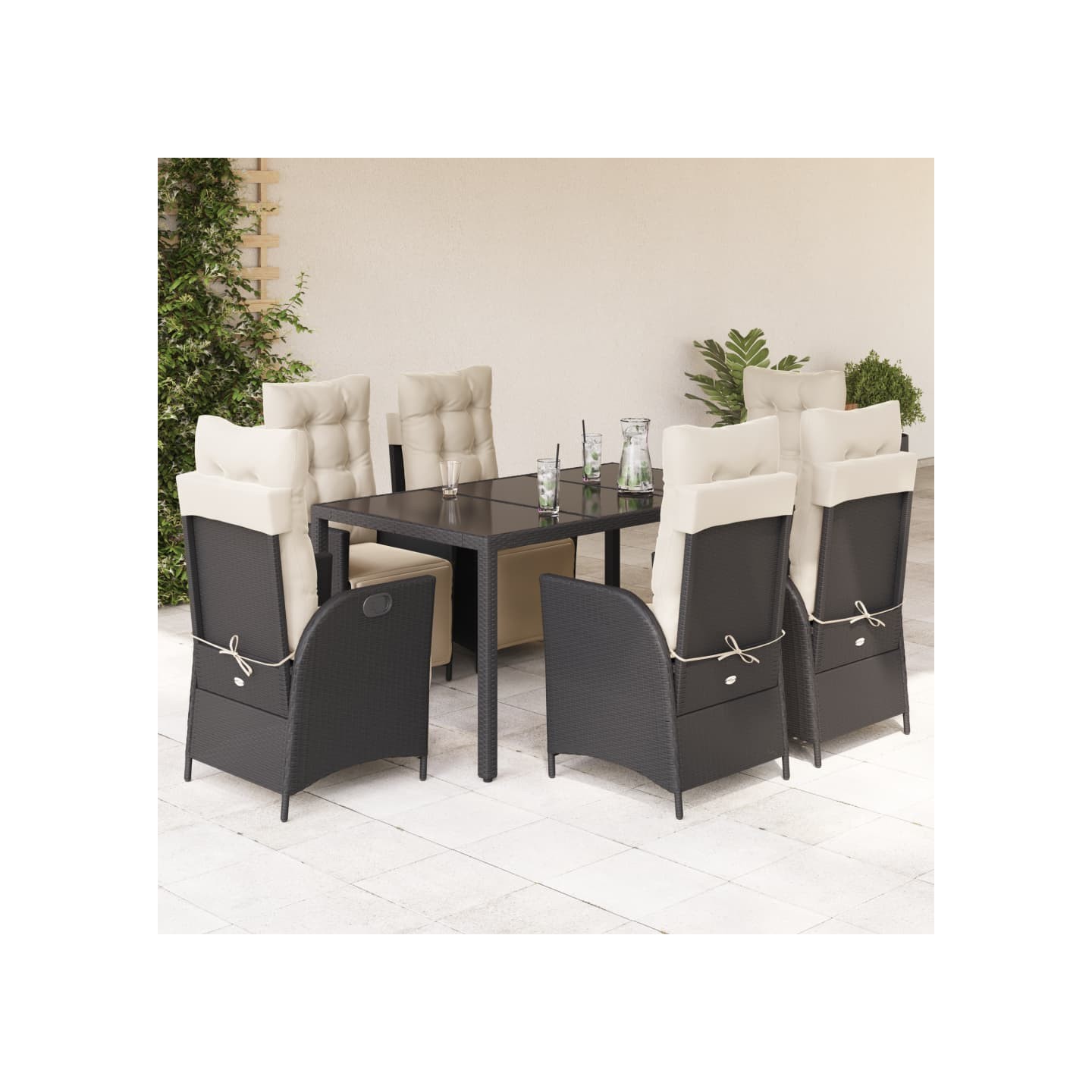Ensemble à manger de jardin coussins 7pcs Noir Résine tressée