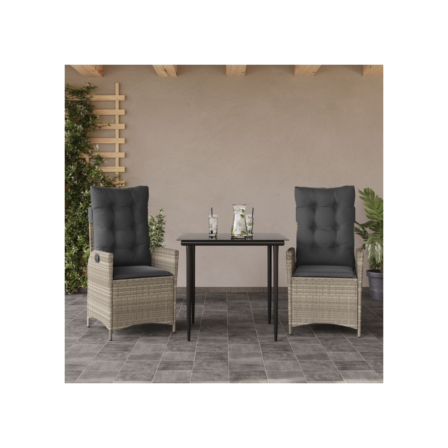 Ensemble à manger de jardin 3pcs coussins gris clair poly rotin