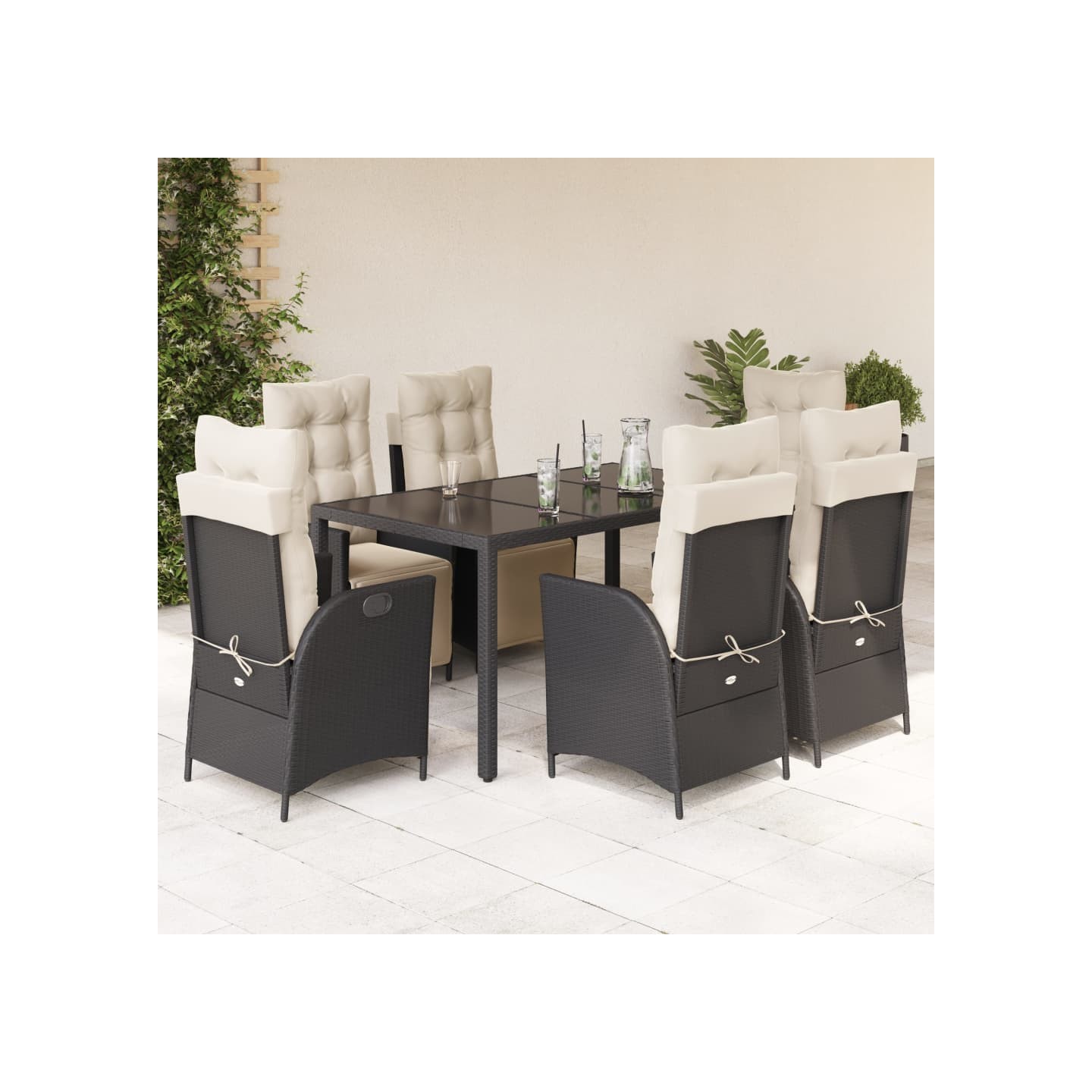Ensemble à manger de jardin coussins 7pcs Noir Résine tressée