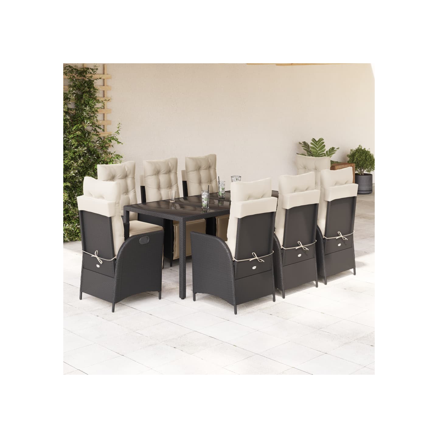 Ensemble à manger de jardin 9pcs coussins noir résine tressée