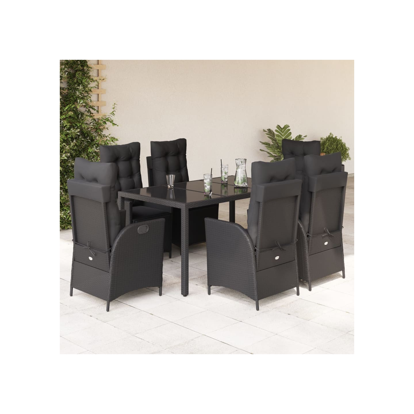 Ensemble à manger de jardin coussins 7pcs Noir Résine tressée