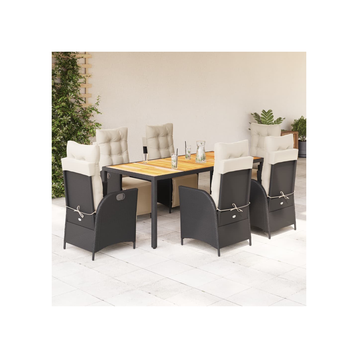 Ensemble à manger de jardin coussins 7pcs Noir Résine tressée