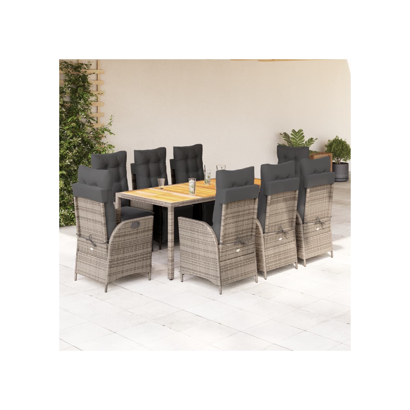 Ensemble à manger de jardin 9 pcs coussins gris résine tressée