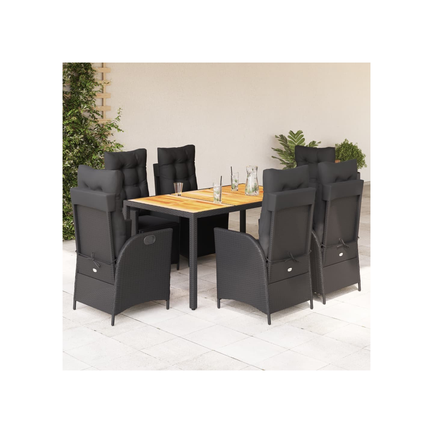 Ensemble à manger de jardin coussins 7pcs Noir Résine tressée