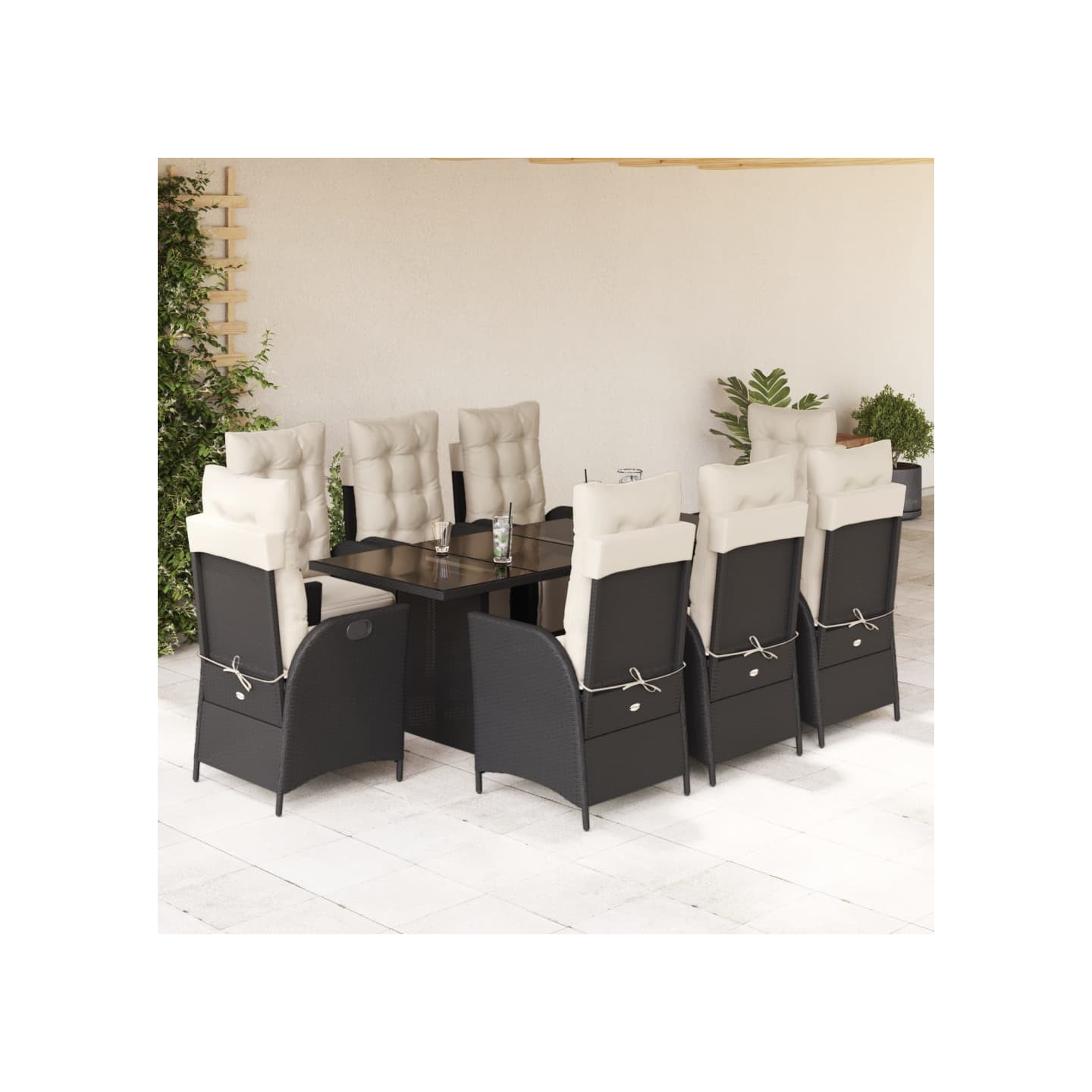 Ensemble à manger de jardin 9pcs coussins noir résine tressée