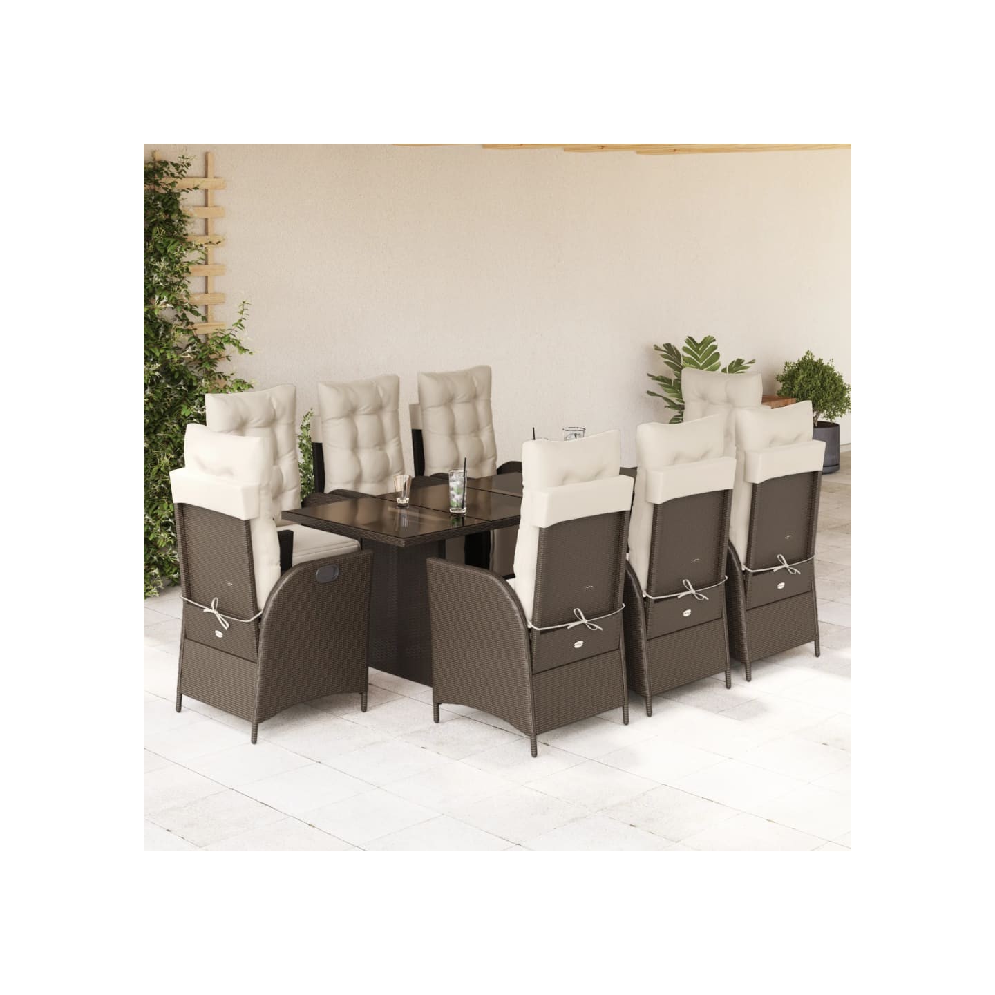 Ensemble à manger de jardin et coussins 9 pcs marron poly rotin