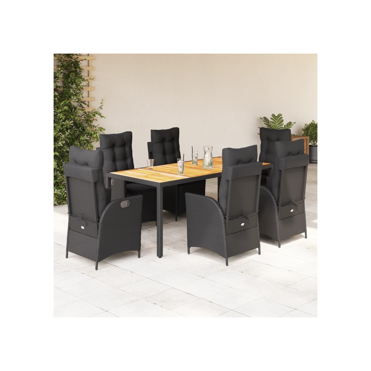 Ensemble à manger de jardin coussins 7pcs Noir Résine tressée