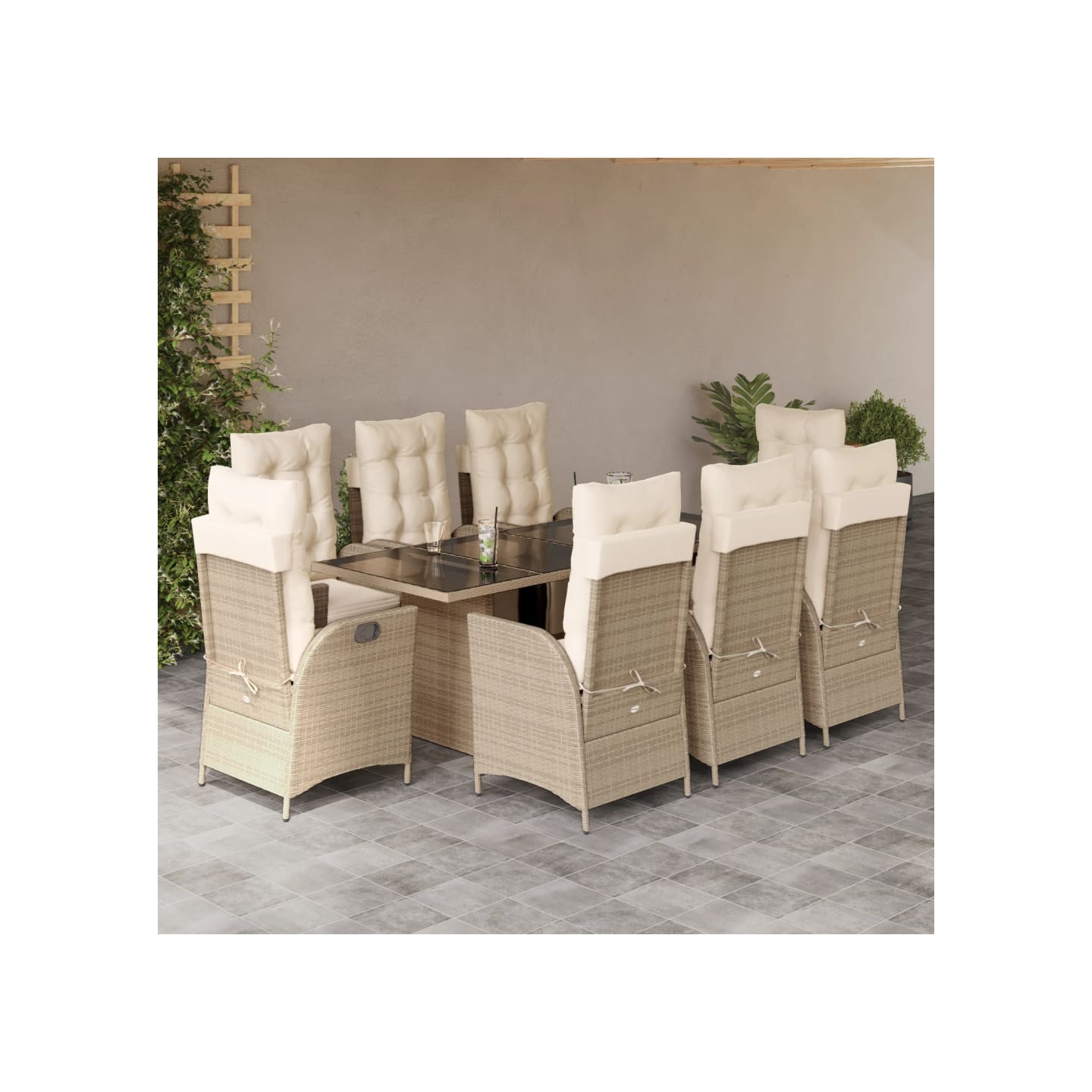 Ensemble à manger de jardin et coussins 9 pcs beige Poly rotin
