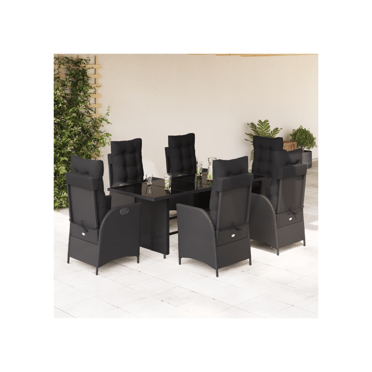 Ensemble à manger de jardin coussins 7pcs Noir Résine tressée