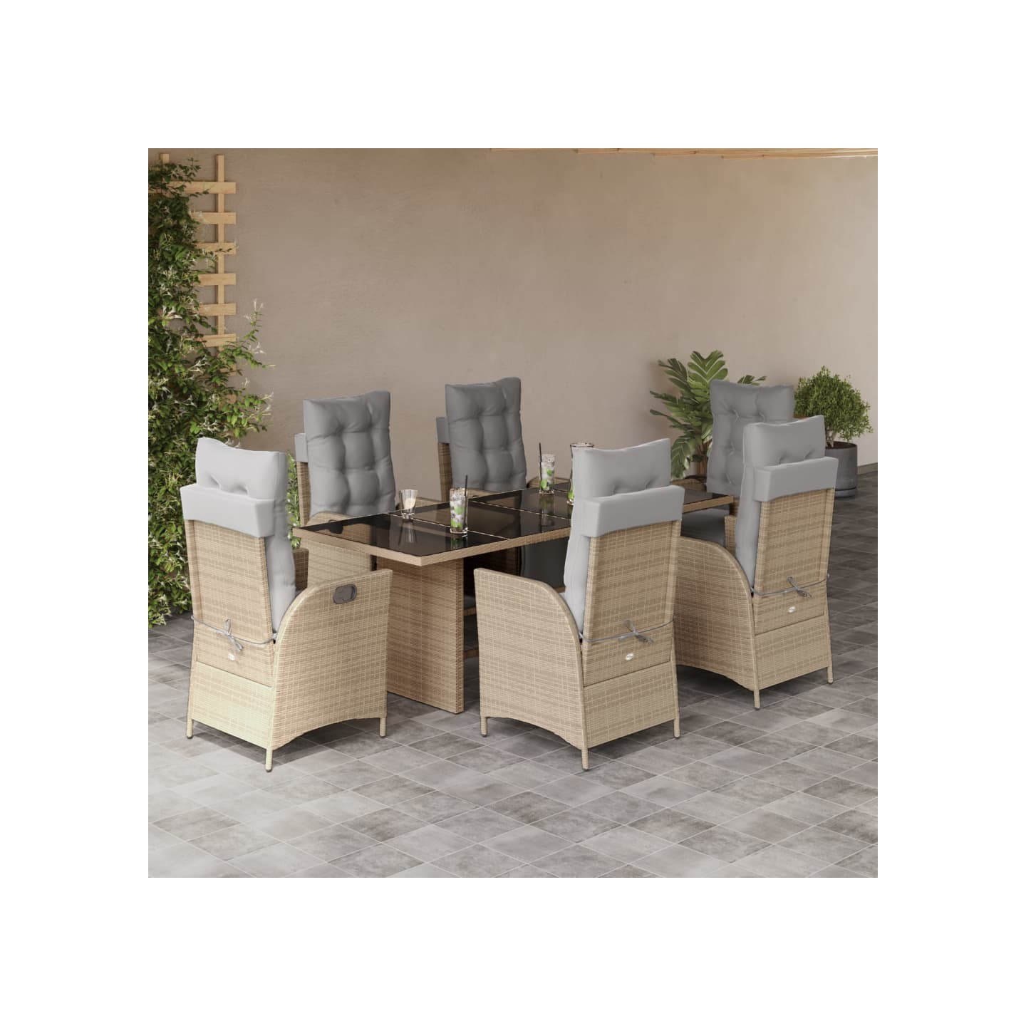 Ensemble à manger de jardin coussins 7 pcs mélange beige rotin