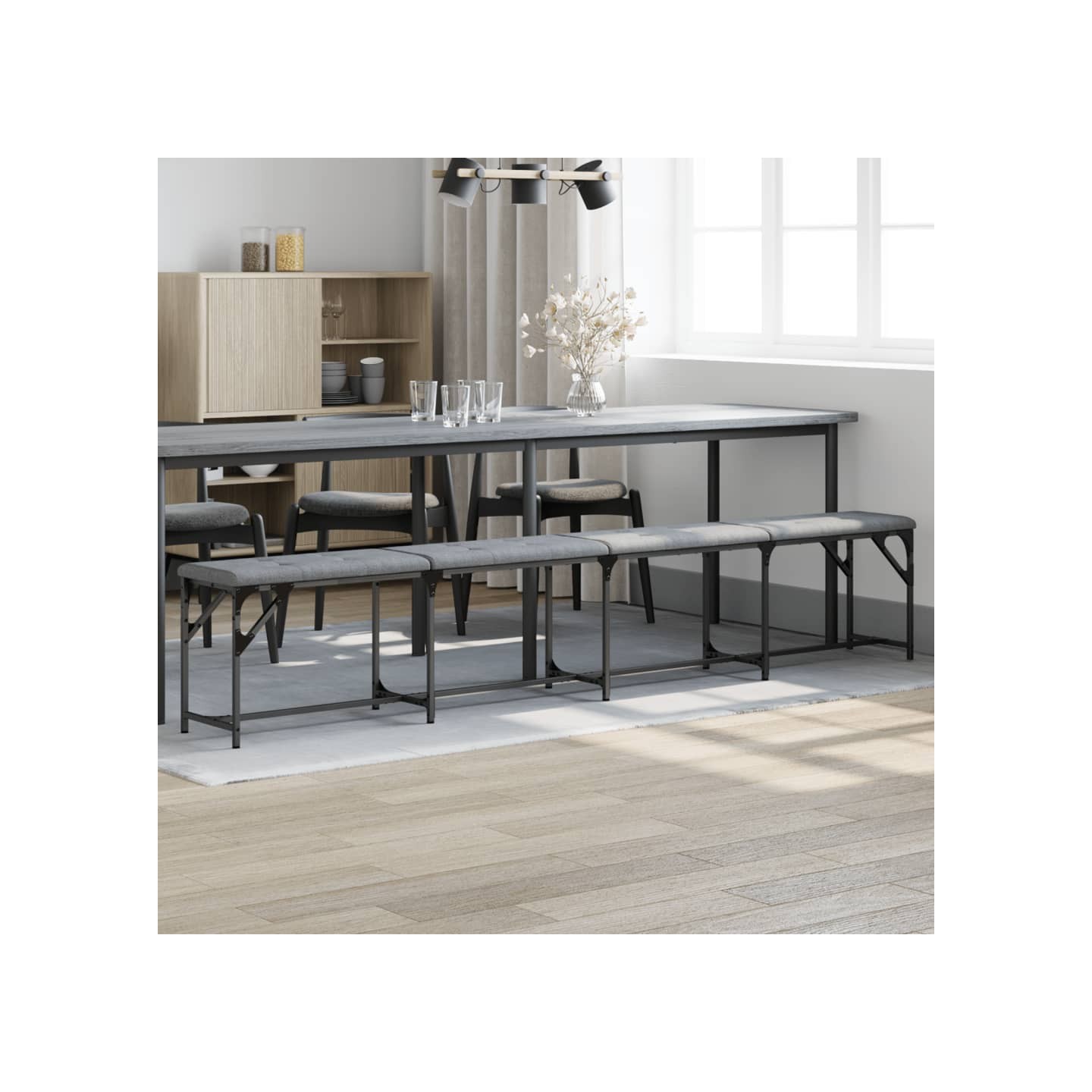 Banc à manger gris clair 248x32x45 cm acier et tissu
