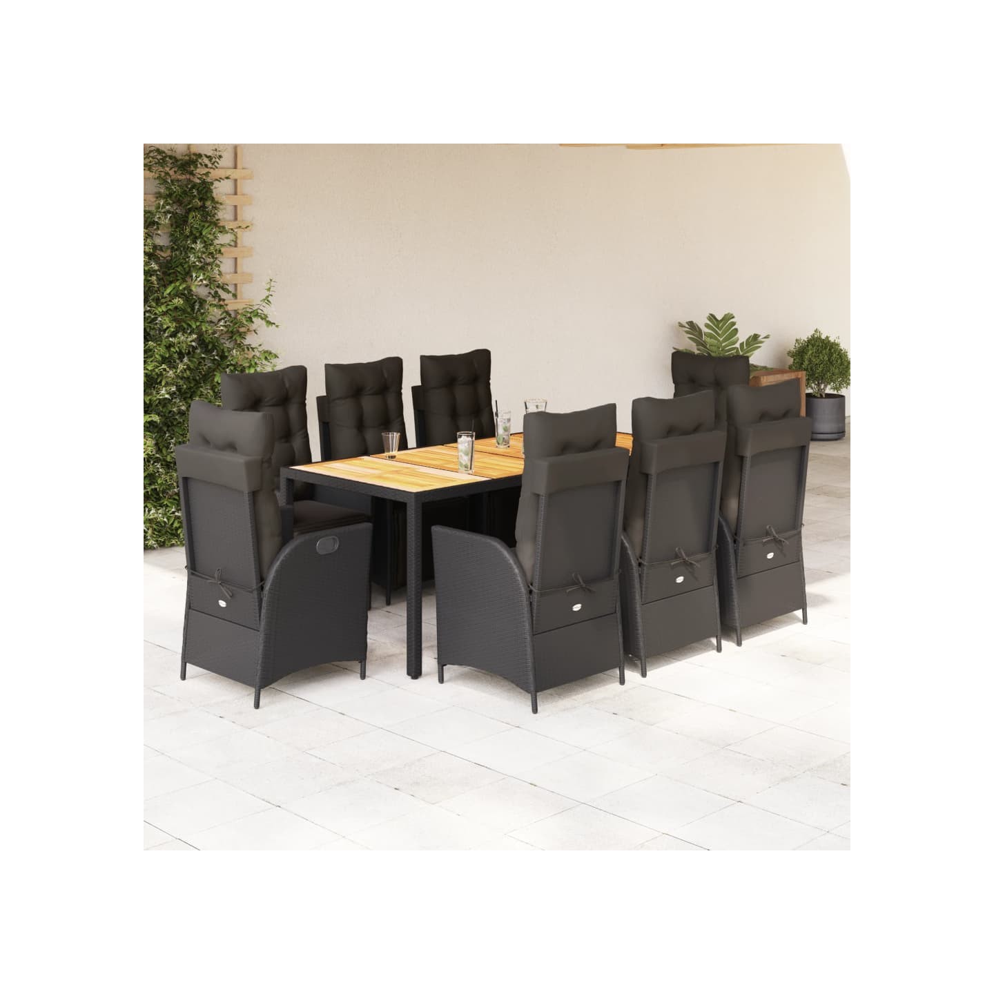 Ensemble à manger de jardin 9pcs coussins noir résine tressée