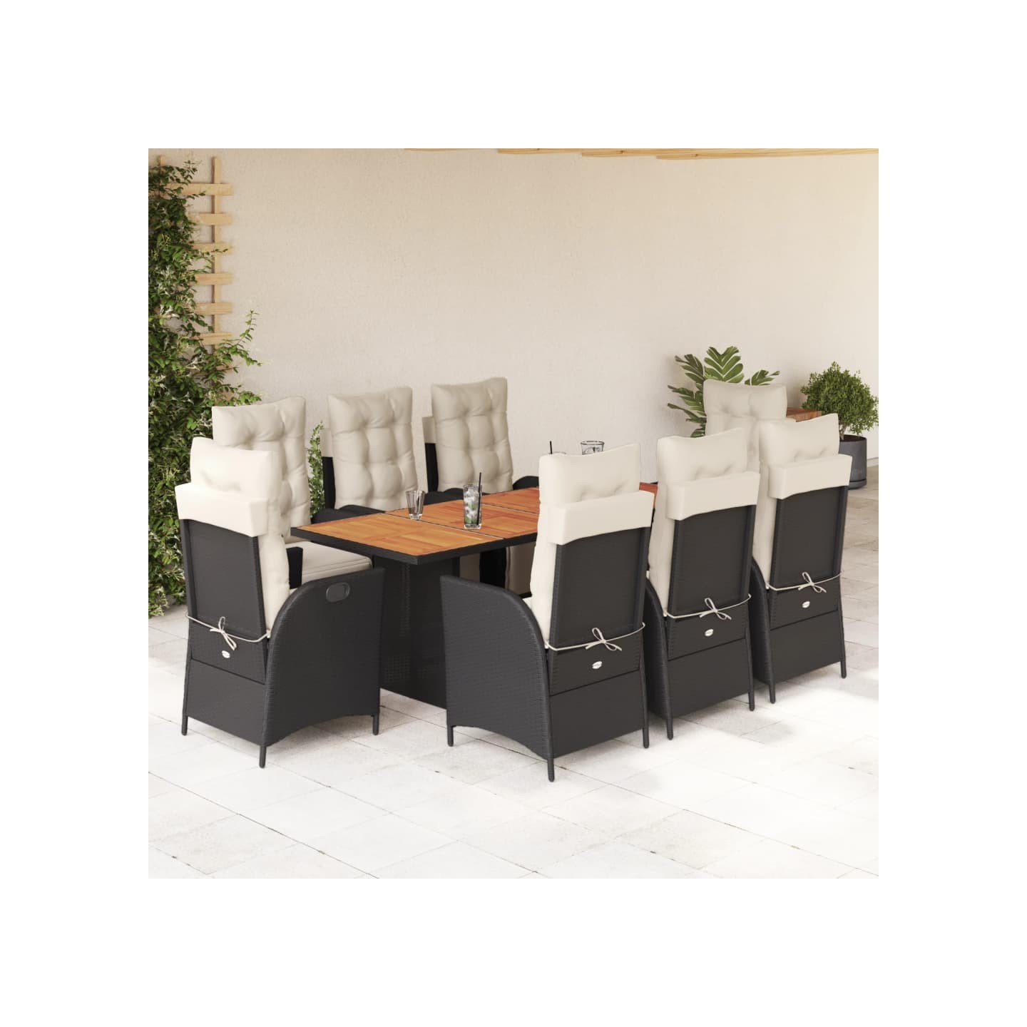 Ensemble à manger de jardin 9pcs coussins noir résine tressée