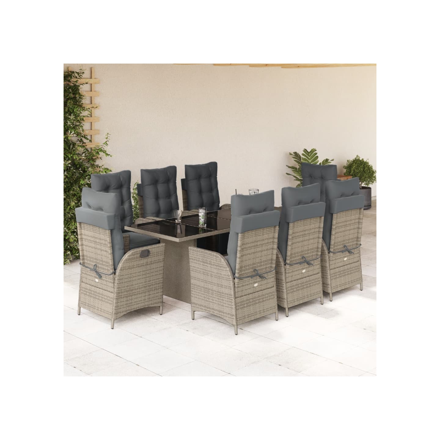 Ensemble à manger de jardin 9 pcs coussins gris résine tressée