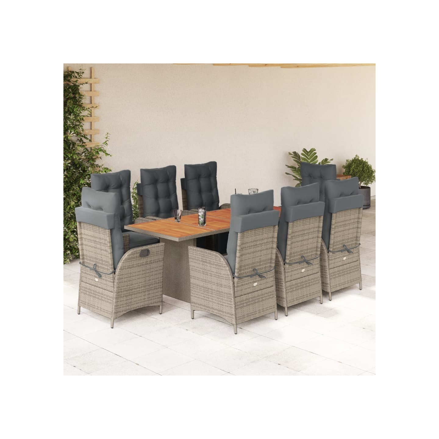 Ensemble à manger de jardin 9 pcs coussins gris résine tressée