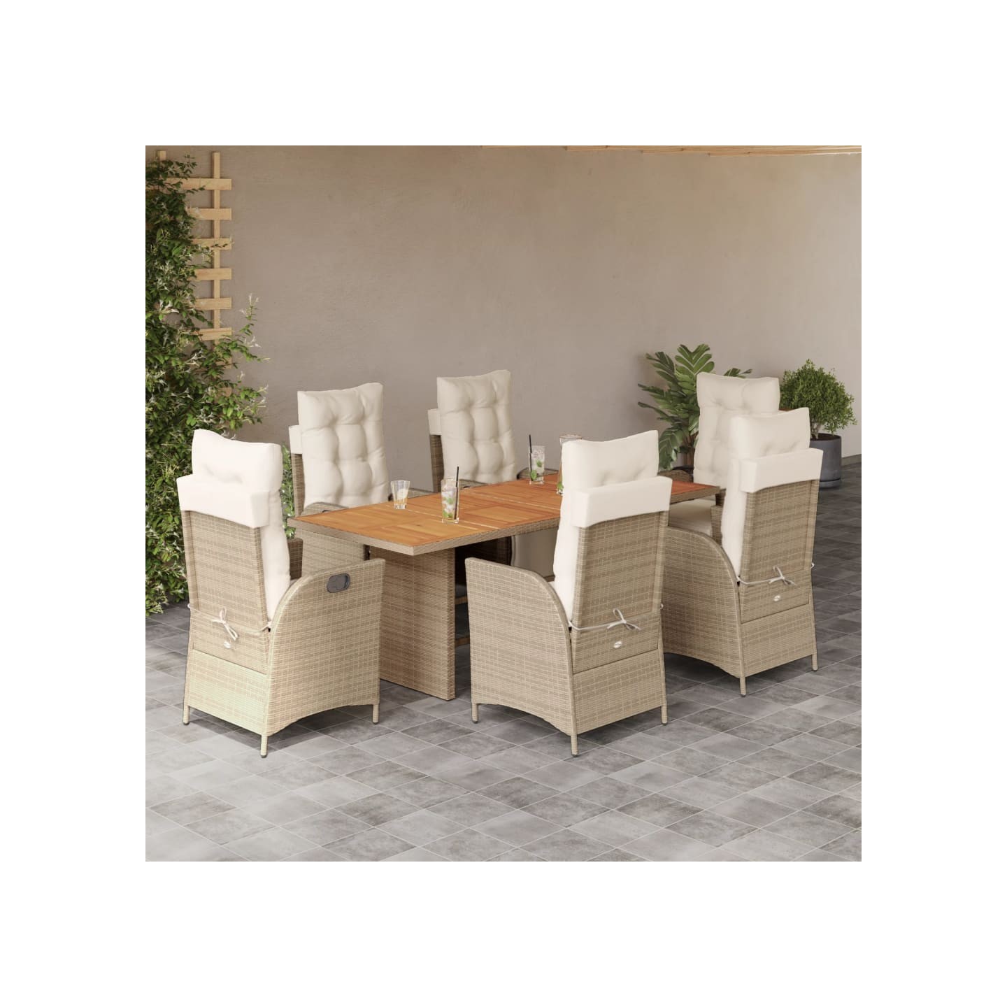 Ensemble à manger de jardin et coussins 7 pcs beige poly rotin