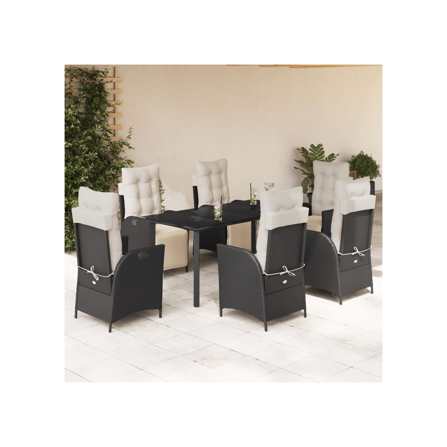 Ensemble à manger de jardin coussins 7pcs Noir Résine tressée