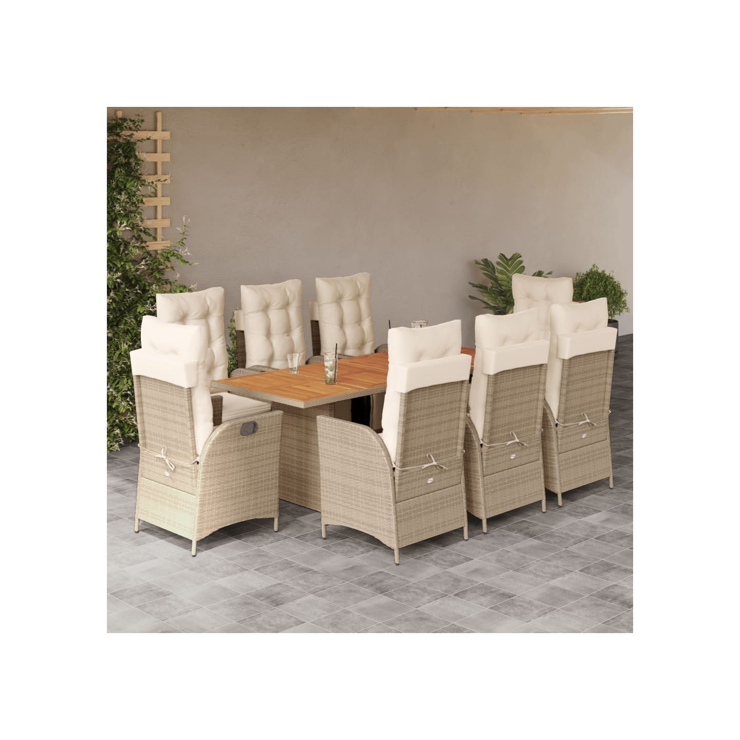 Ensemble à manger de jardin et coussins 9 pcs beige Poly rotin