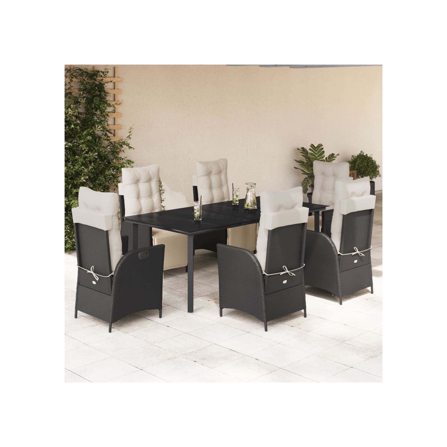 Ensemble à manger de jardin coussins 7pcs Noir Résine tressée