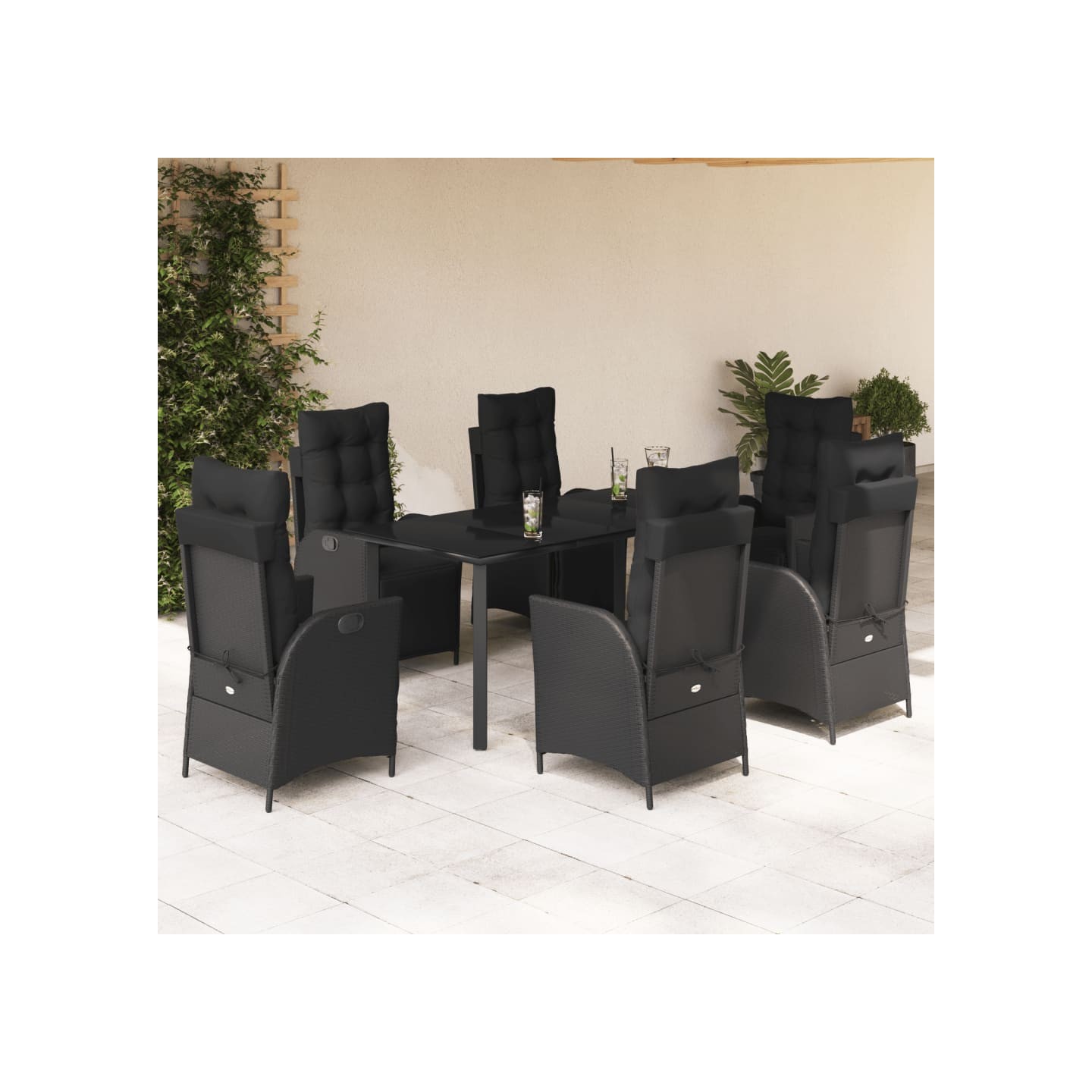 Ensemble à manger de jardin coussins 7pcs Noir Résine tressée
