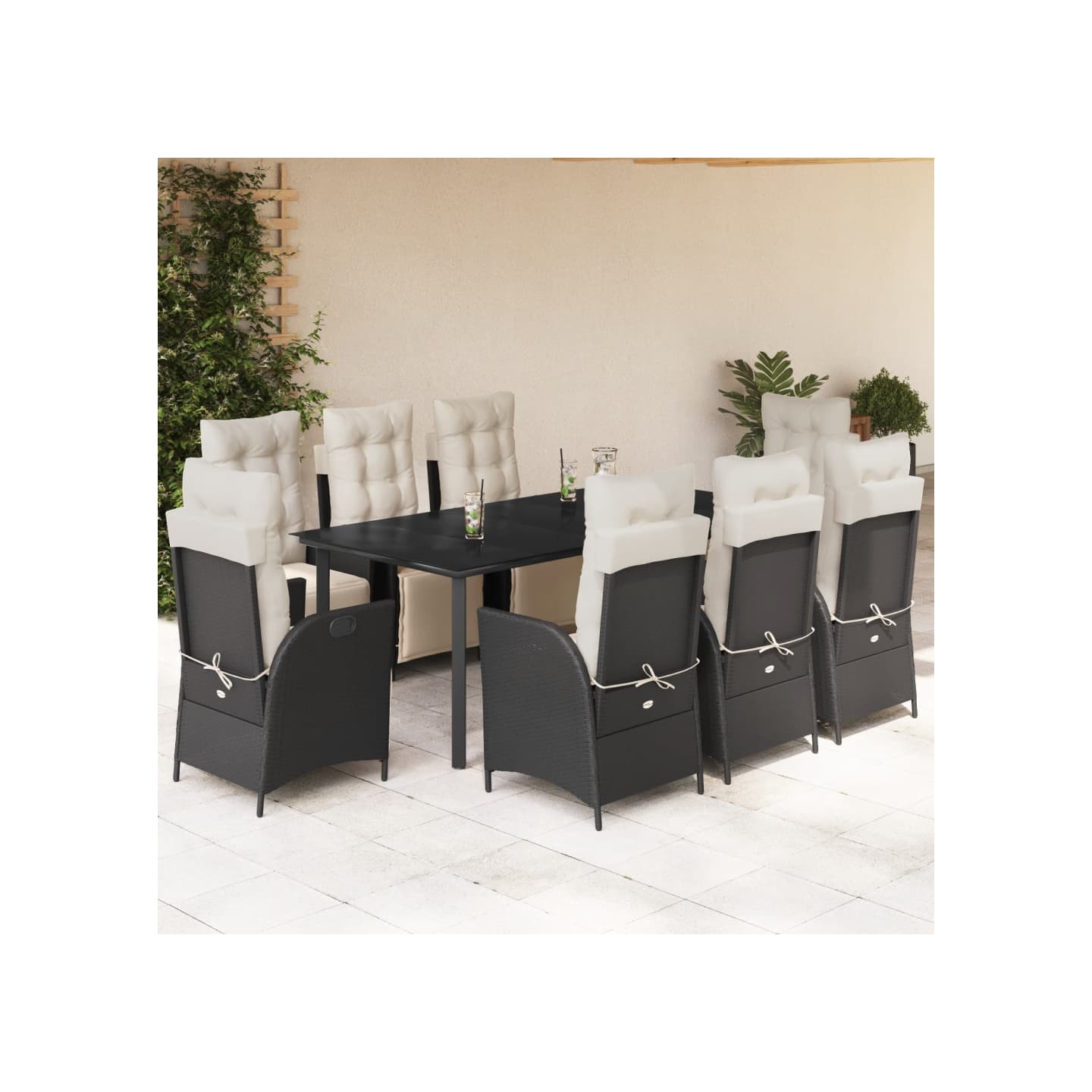 Ensemble à manger de jardin 9pcs coussins noir résine tressée