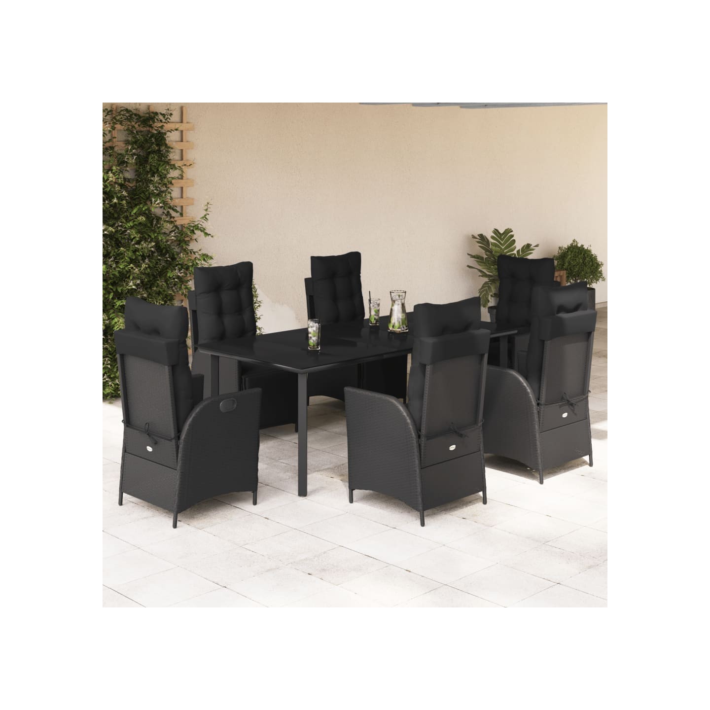 Ensemble à manger de jardin coussins 7pcs Noir Résine tressée