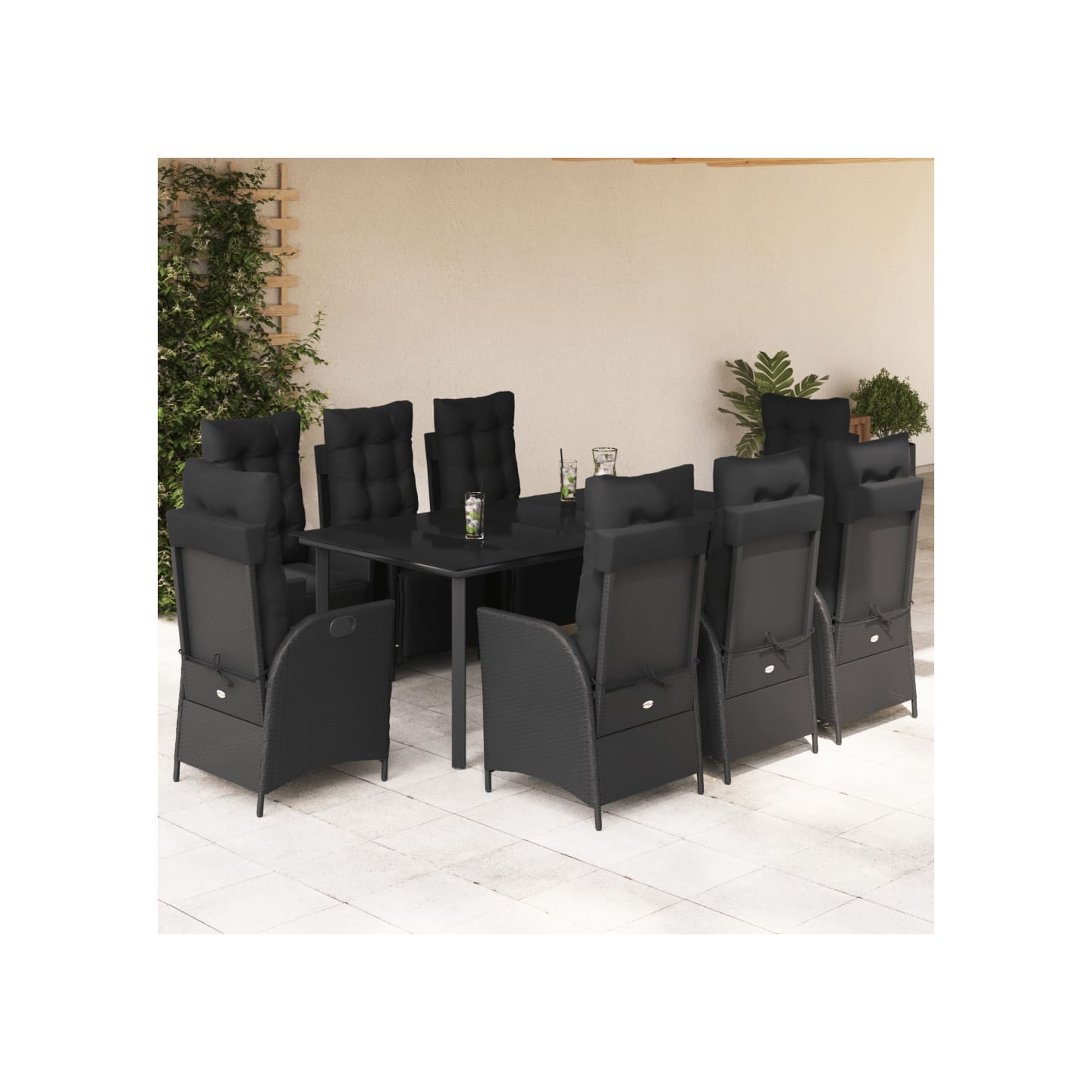 Ensemble à manger de jardin 9pcs coussins noir résine tressée