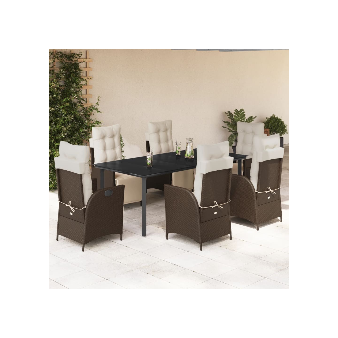 Ensemble à manger de jardin et coussins 7 pcs marron rotin