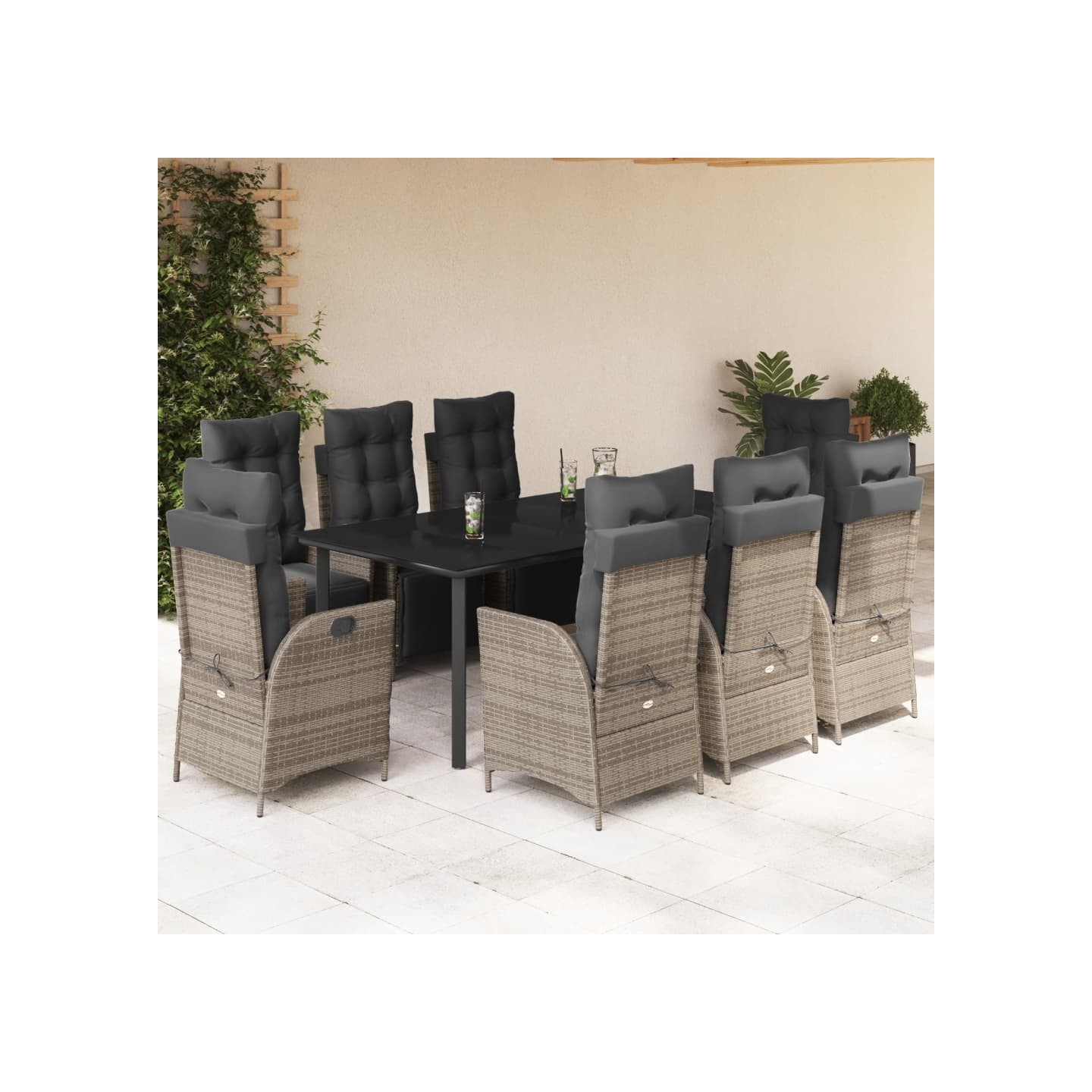 Ensemble à manger de jardin 9 pcs coussins gris résine tressée