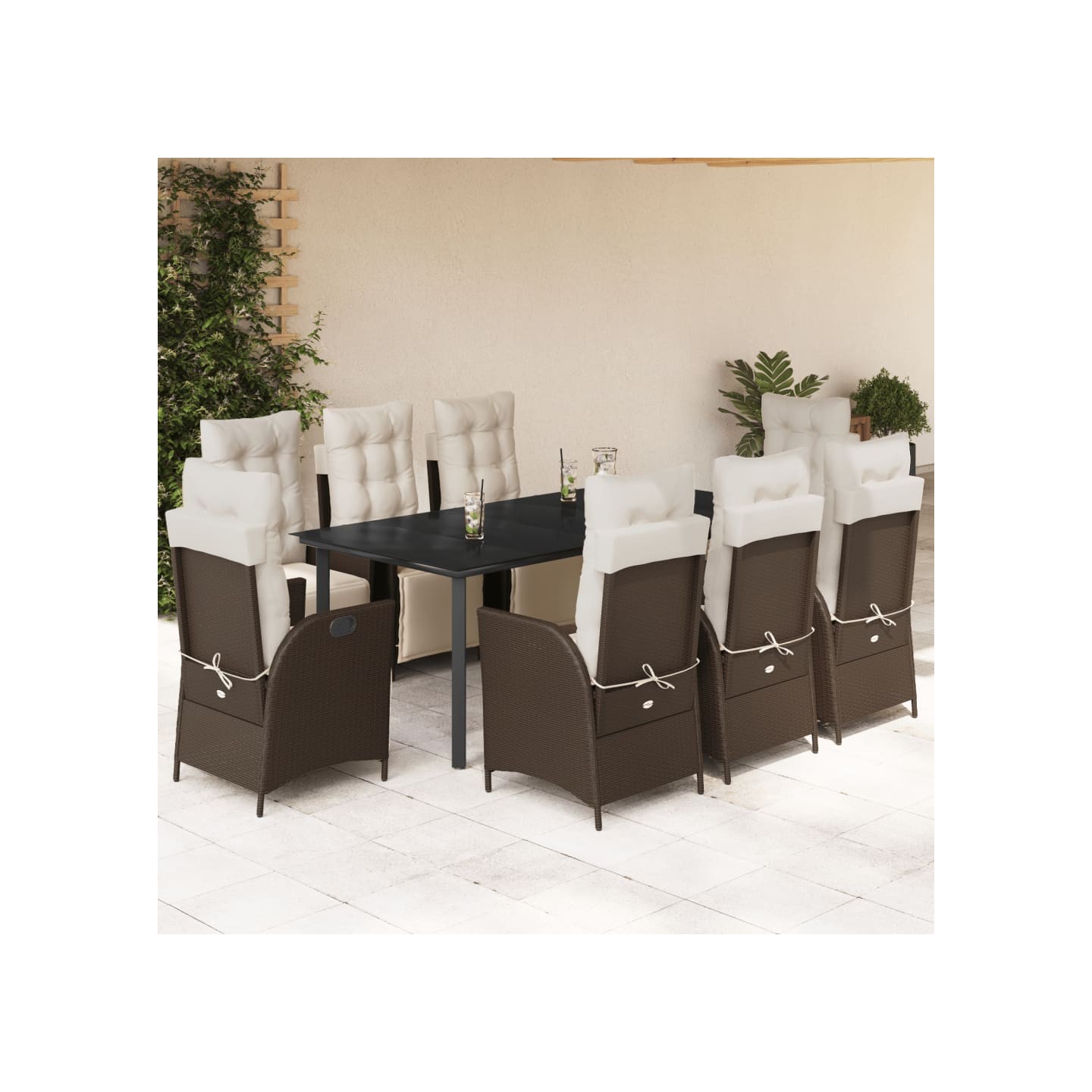 Ensemble à manger de jardin et coussins 9 pcs marron poly rotin