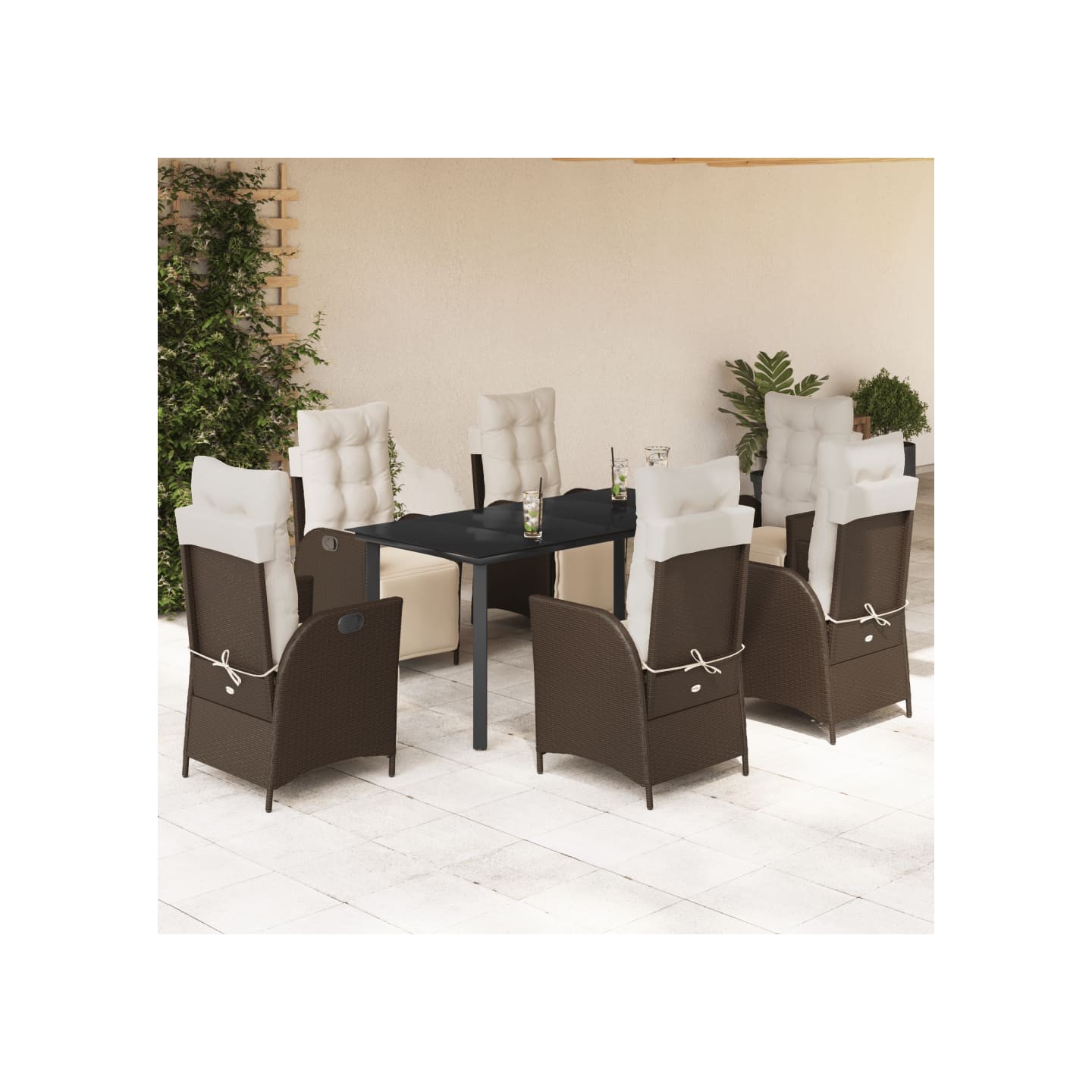 Ensemble à manger de jardin et coussins 7 pcs marron rotin