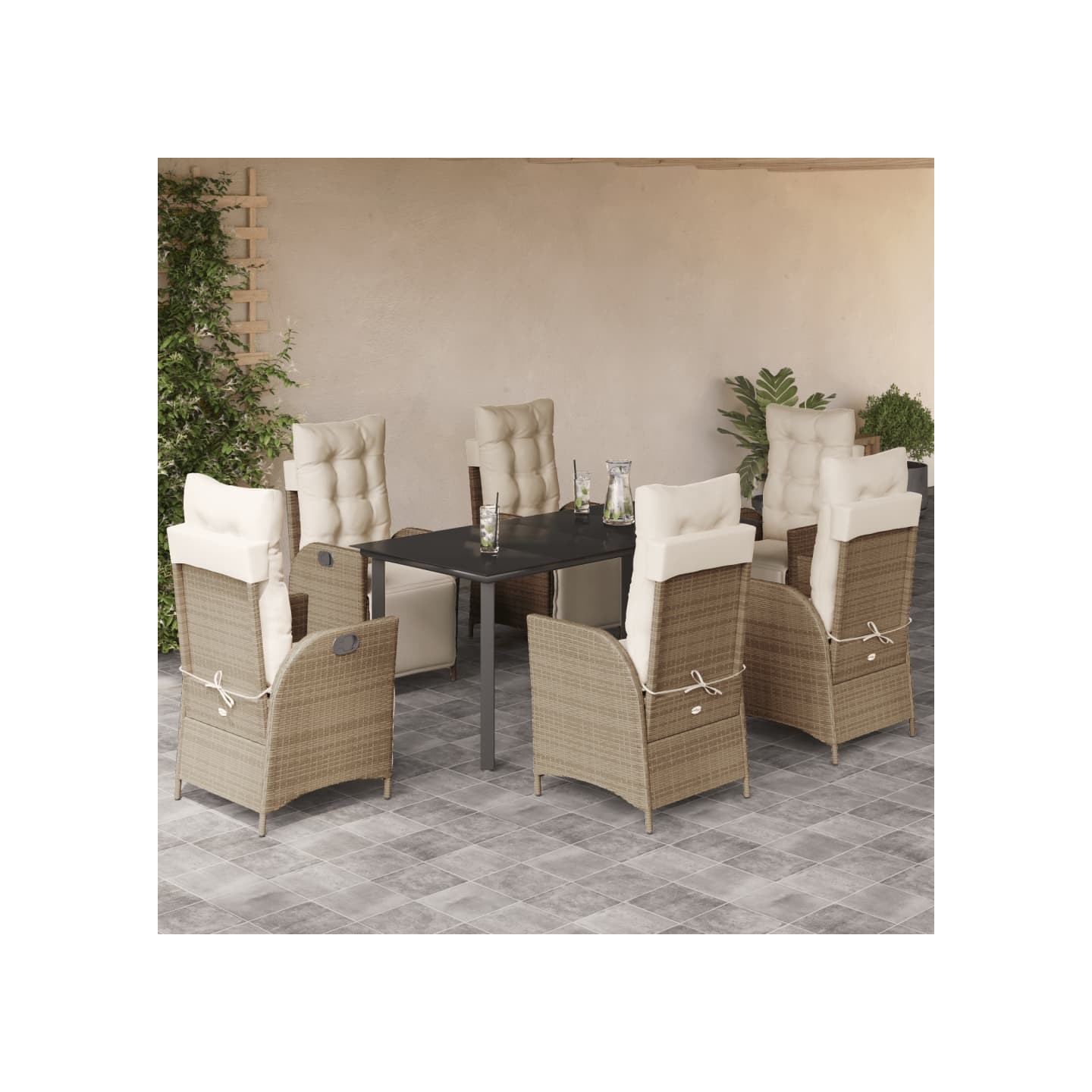 Ensemble à manger de jardin et coussins 7 pcs beige poly rotin