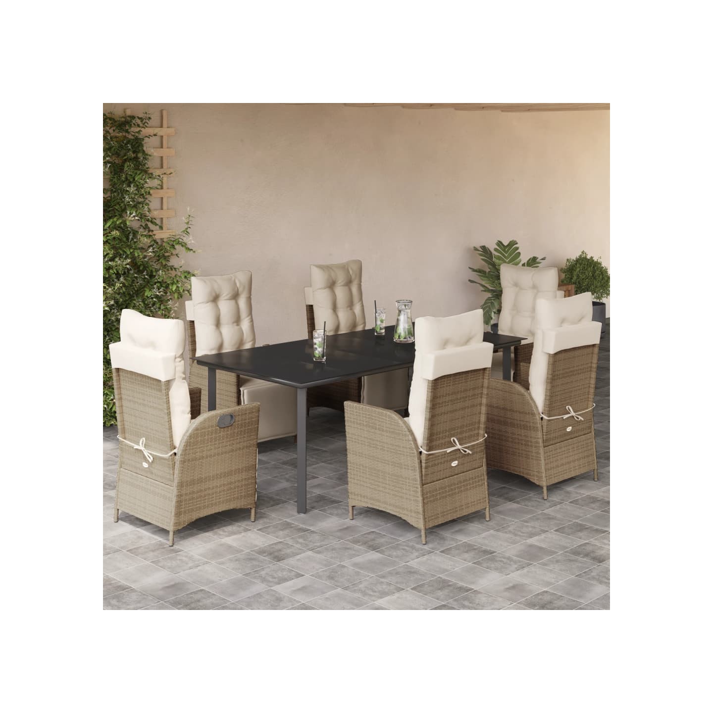 Ensemble à manger de jardin et coussins 7 pcs beige poly rotin