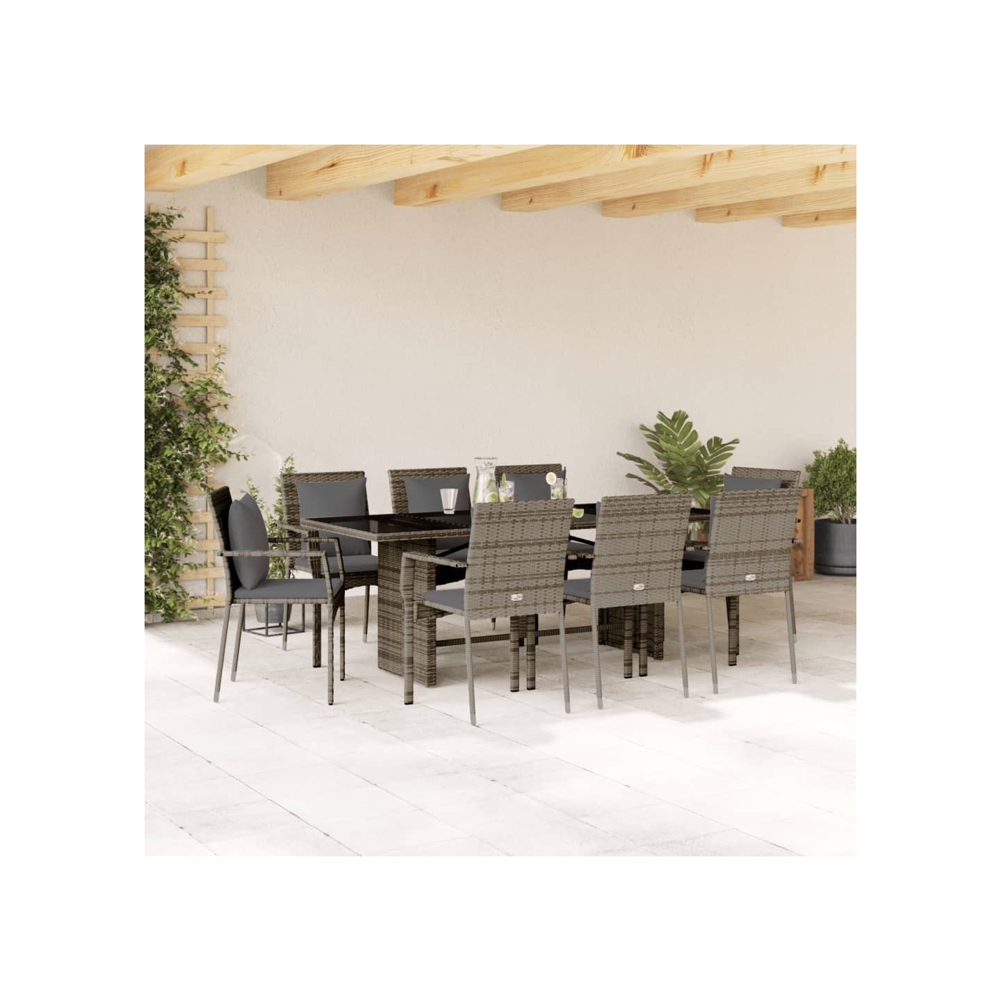 Ensemble à manger de jardin 9 pcs coussins gris résine tressée